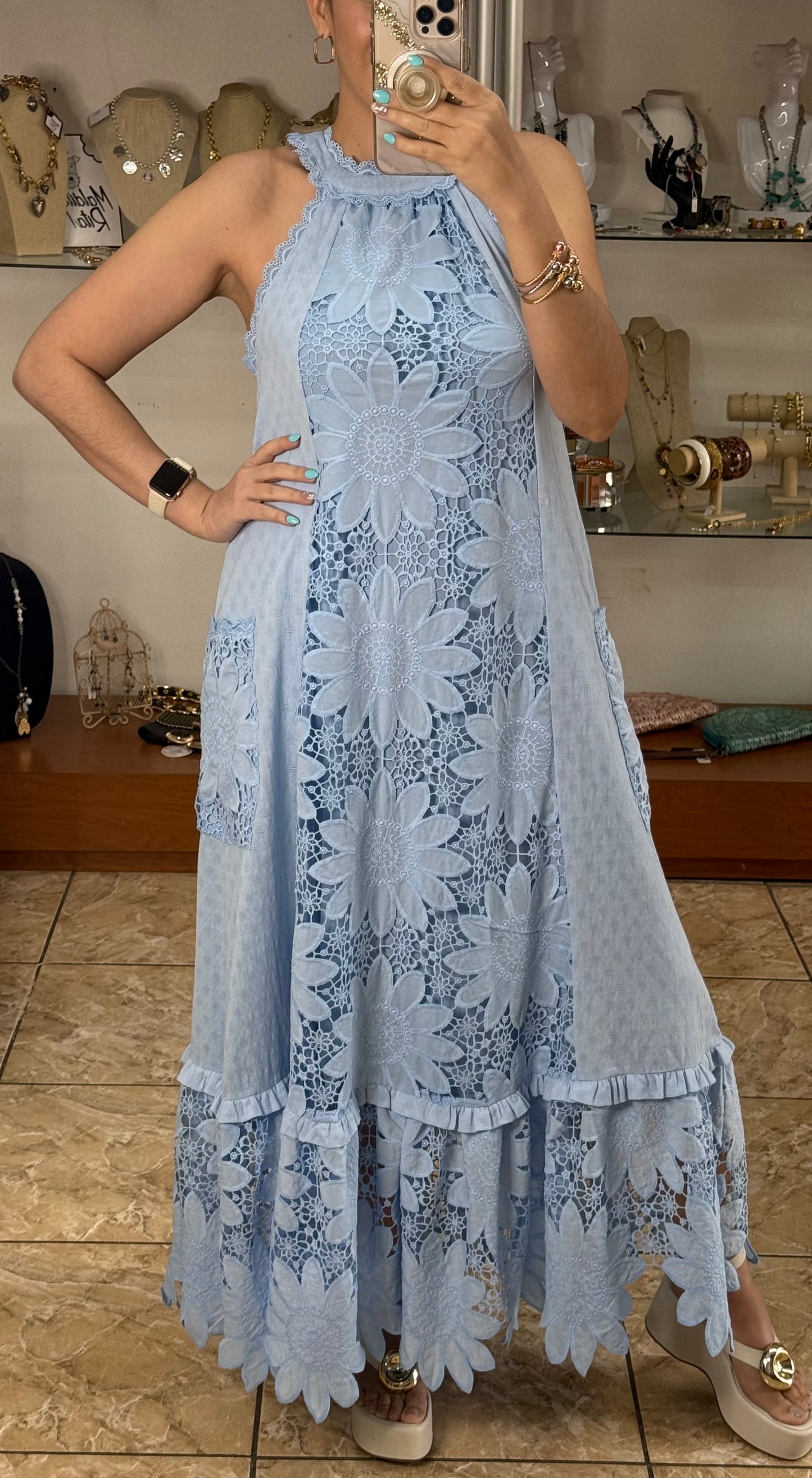 Light Blue Halter Floral Maxi Dress
