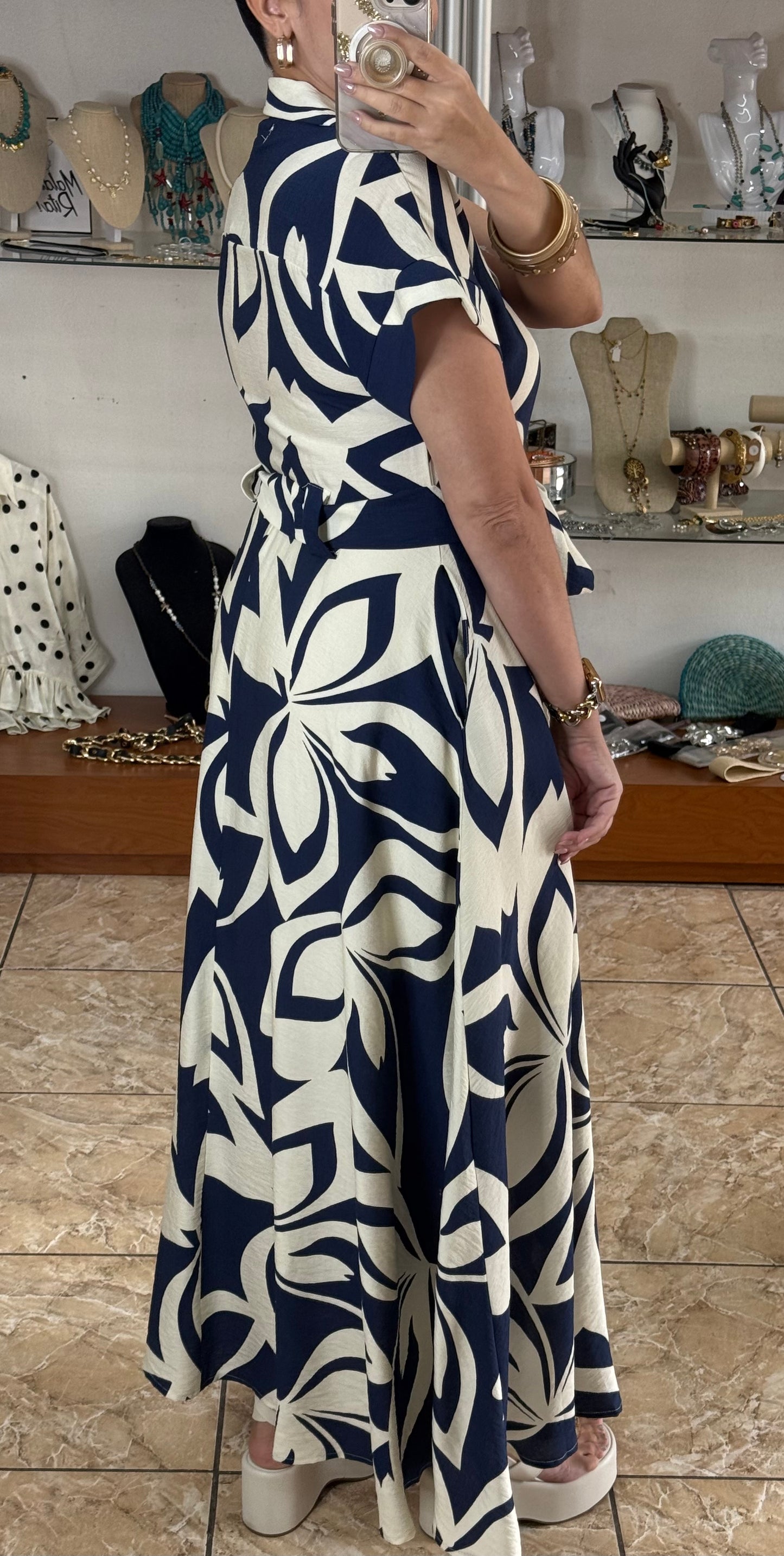 Navy Floral Belted Maxi Dress