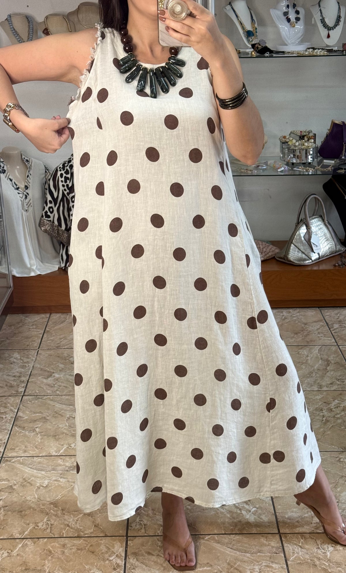 OS Linen Sleeveless Polka Dots Dress (NO RETURNS OR EXCHANGE)