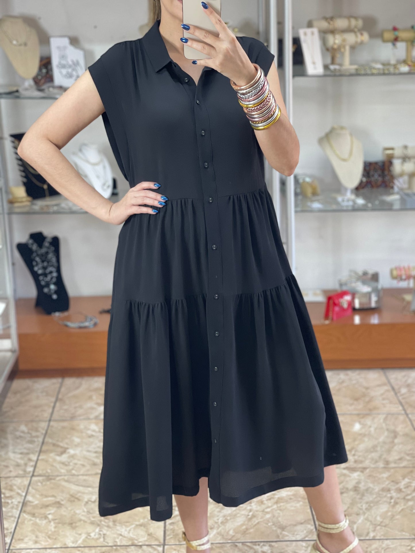 A-Line Tiered Button Maxi Dress