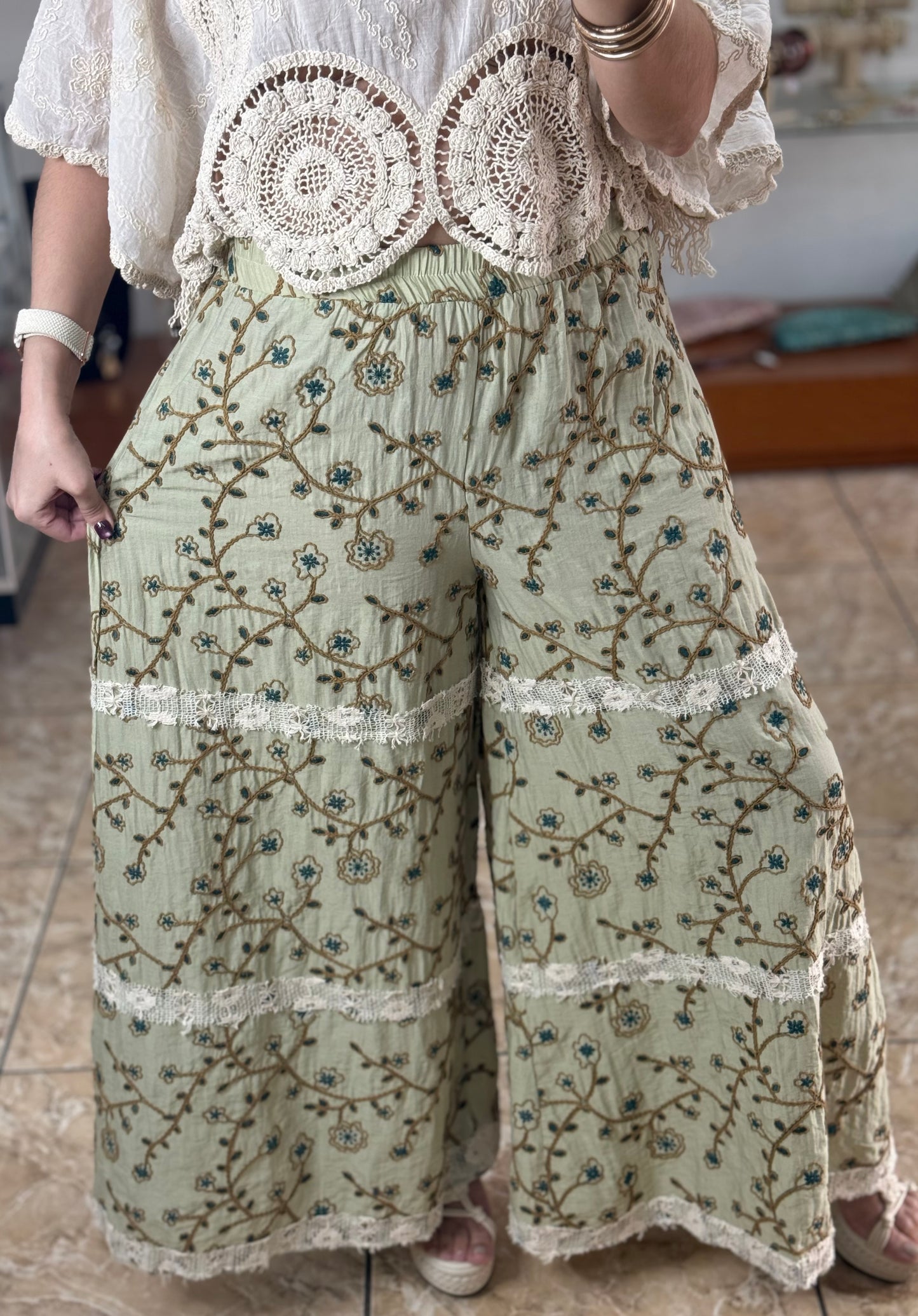 Green Floral Embroidered Pants