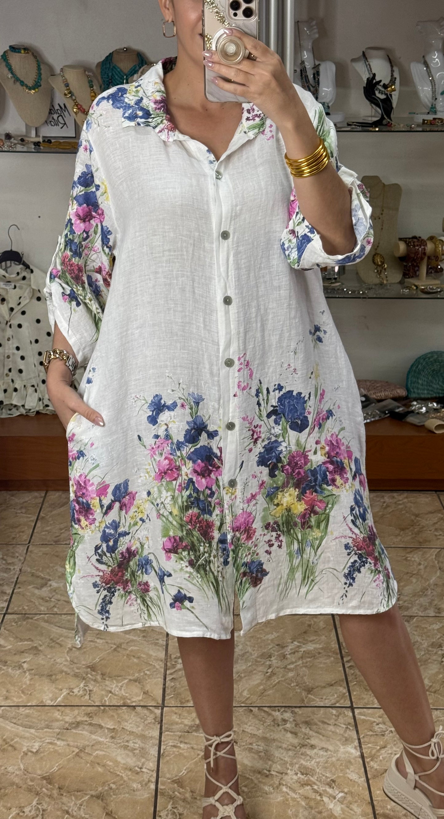 Floral OS Short Linen Dress (NO RETURNS OR EXCHANGE)