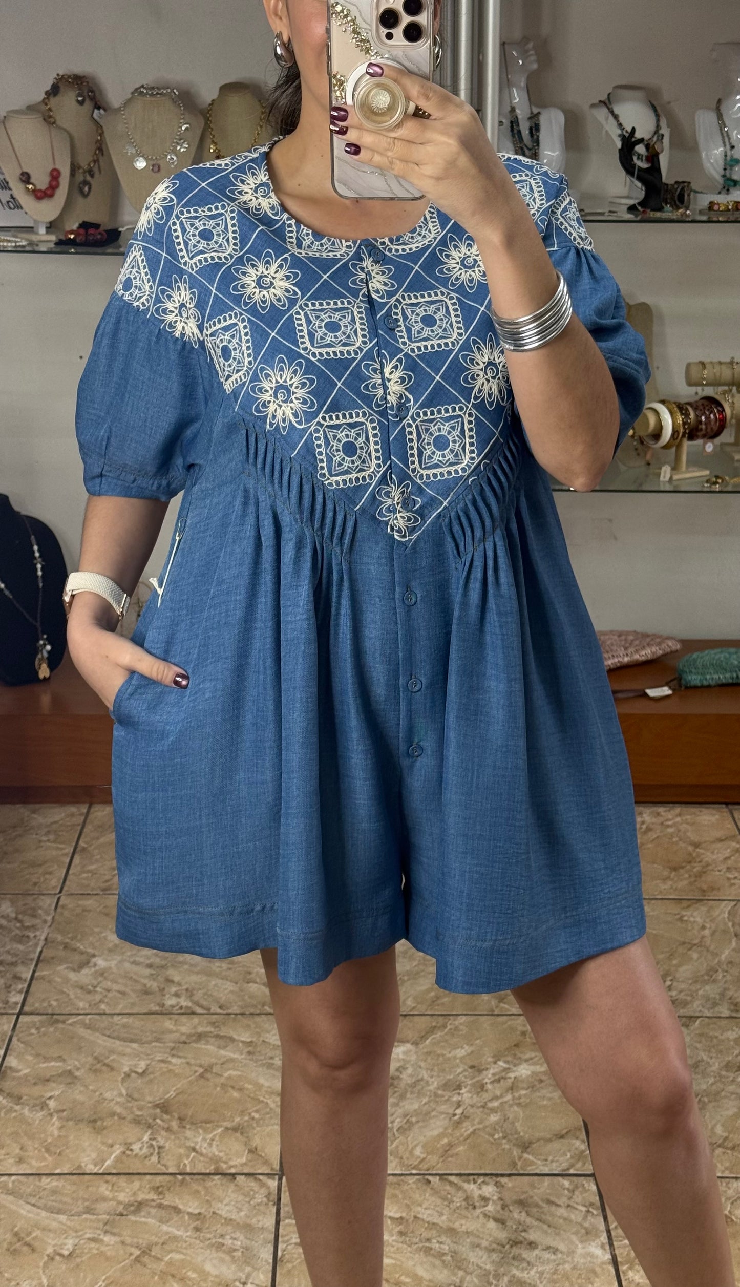 Embroidered Blue Romper