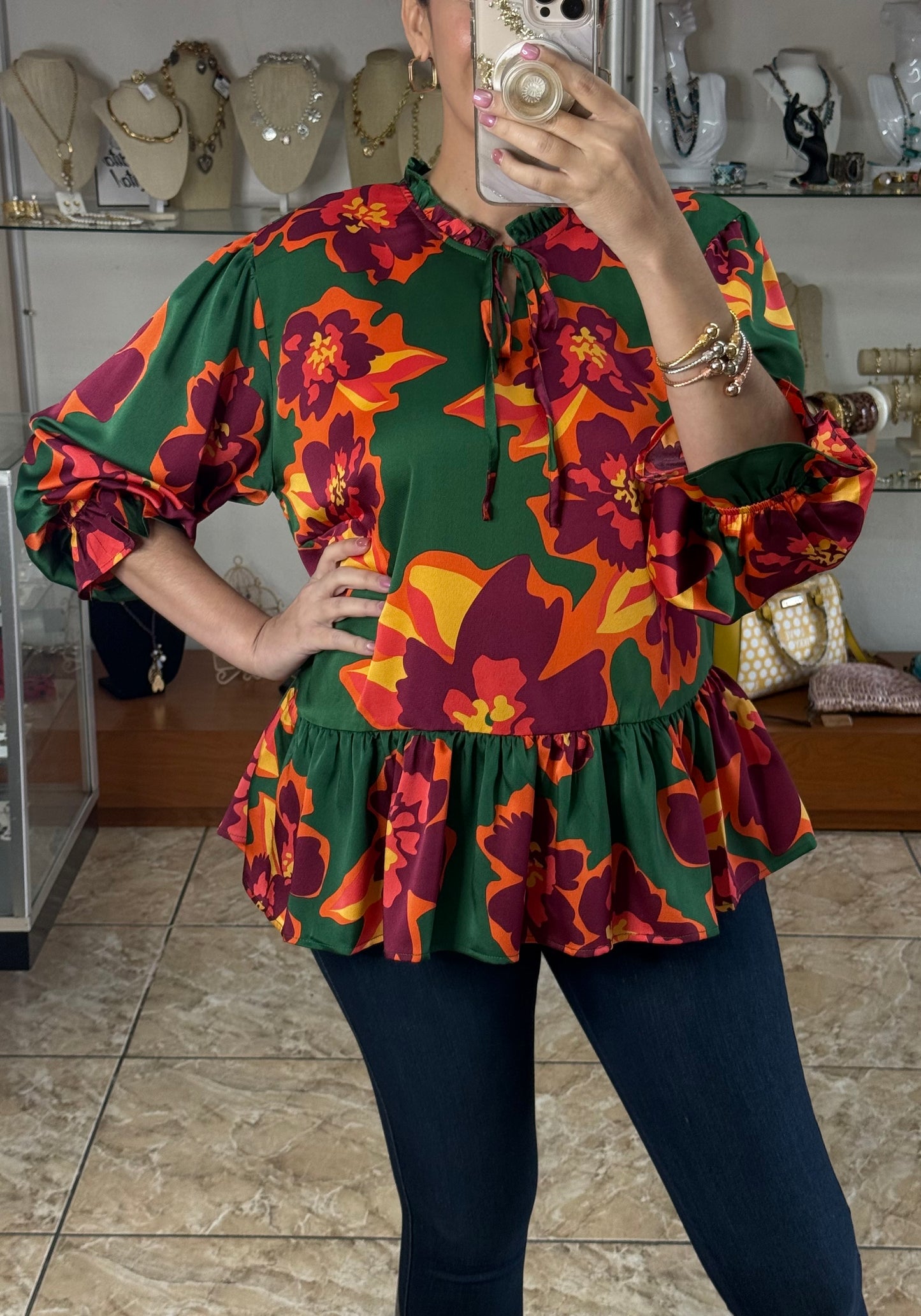 Green Floral Satin Top