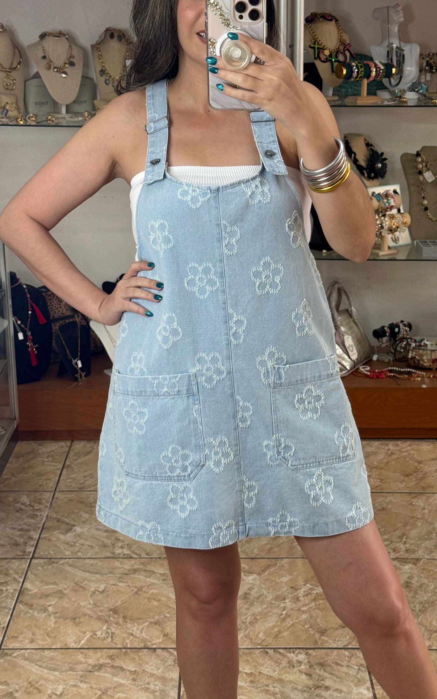 Floral Denim Overall Dress