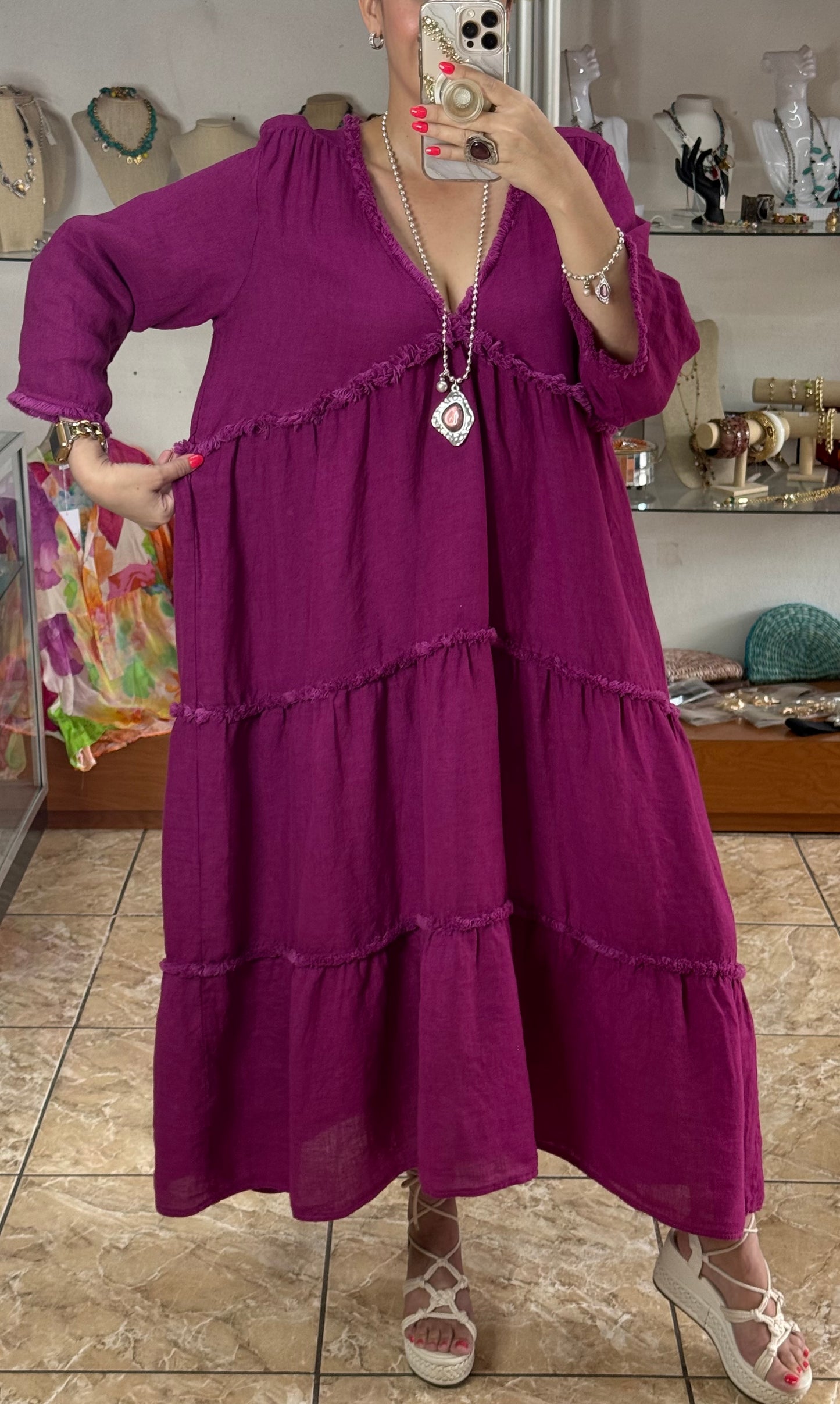 Deep V Neck OS Linen Dress (NO RETURNS OR EXCHANGE)