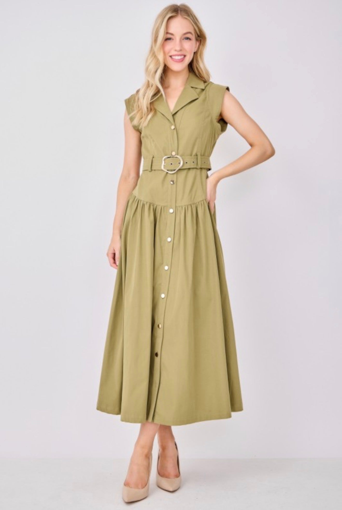 Olive Cap Sleeve Button Down Dress