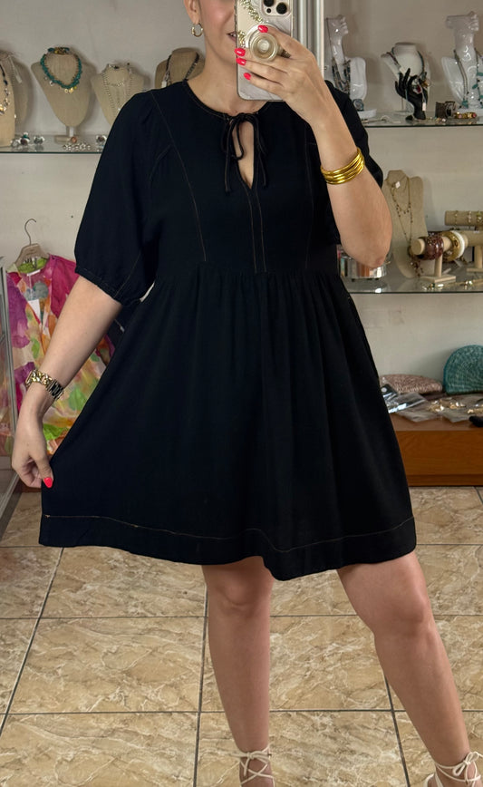 Black Linen Blend V-Neck Dress