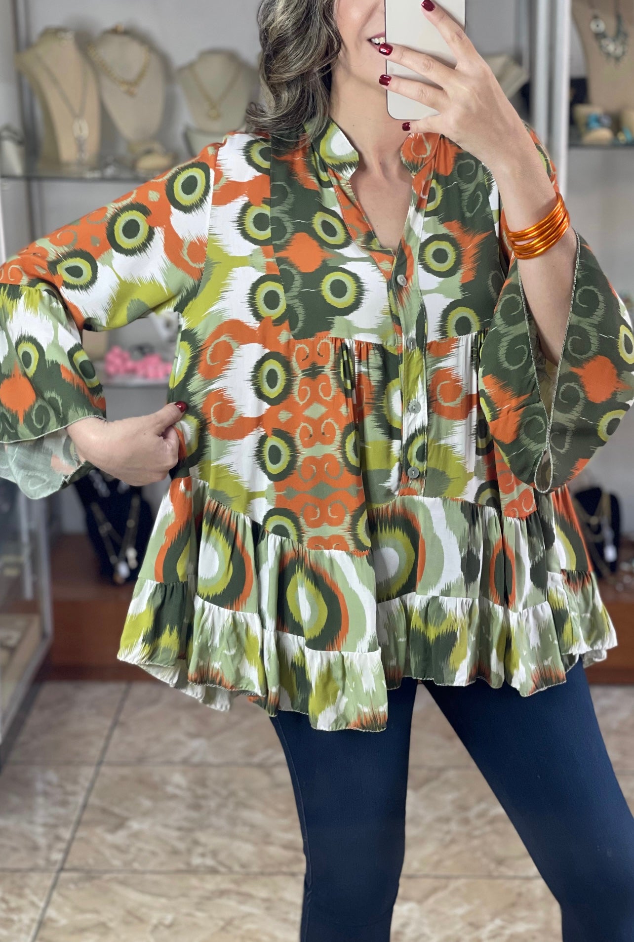 Geometric Green/Orange OS Top