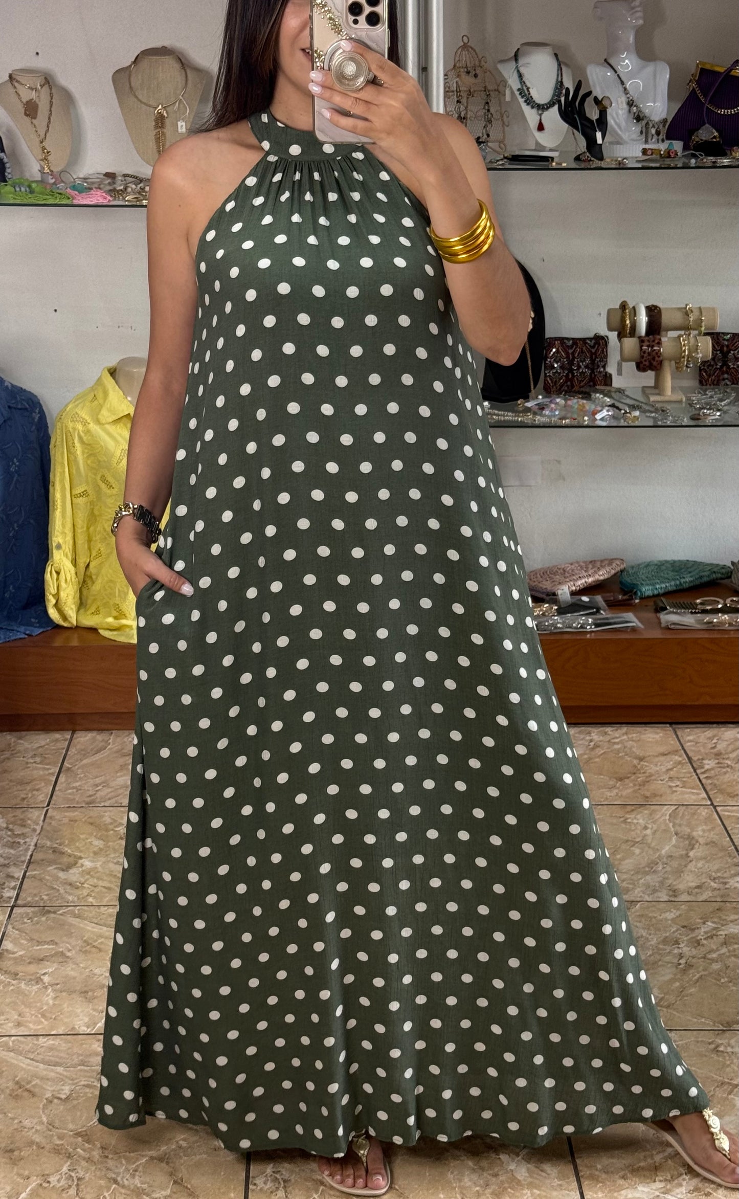 Olive Polkadots Halter Maxi Dress
