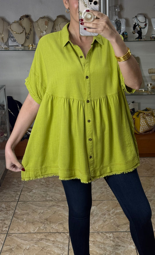 Avocado Green Linen Mix Oversize Top