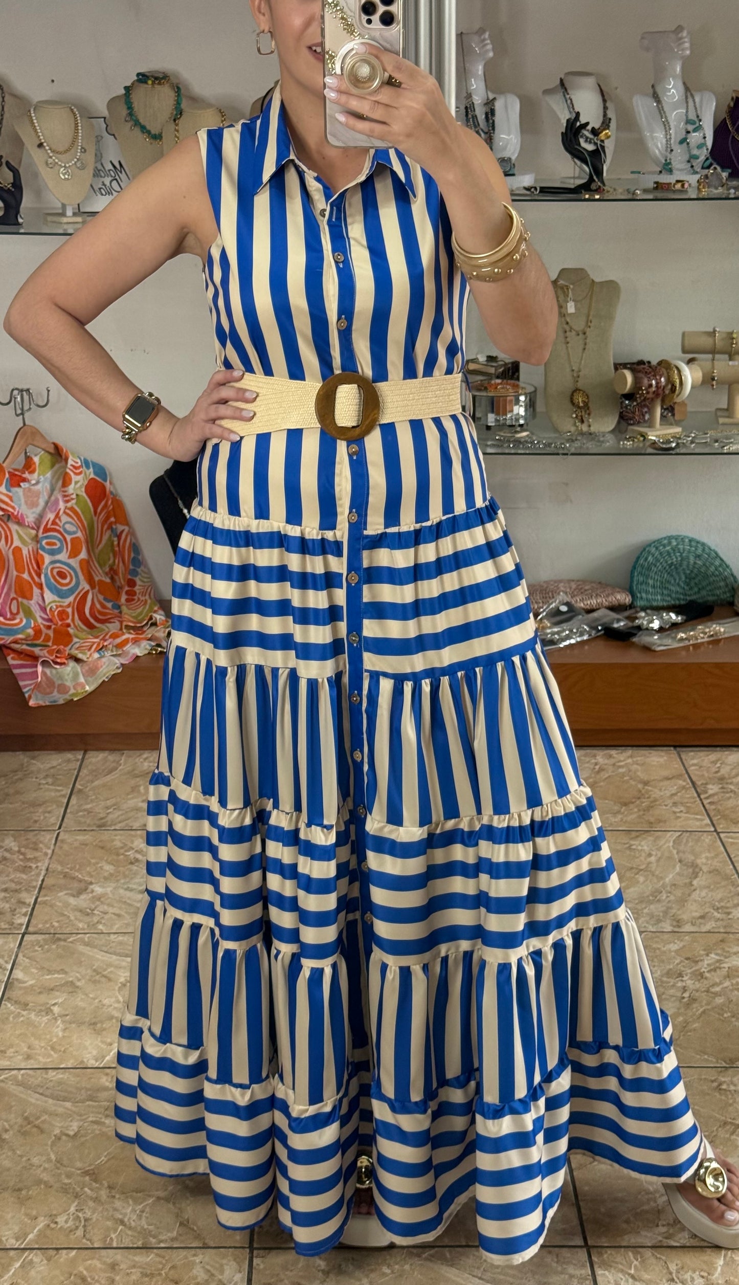 Blue Stripes Belted Maxi Dress