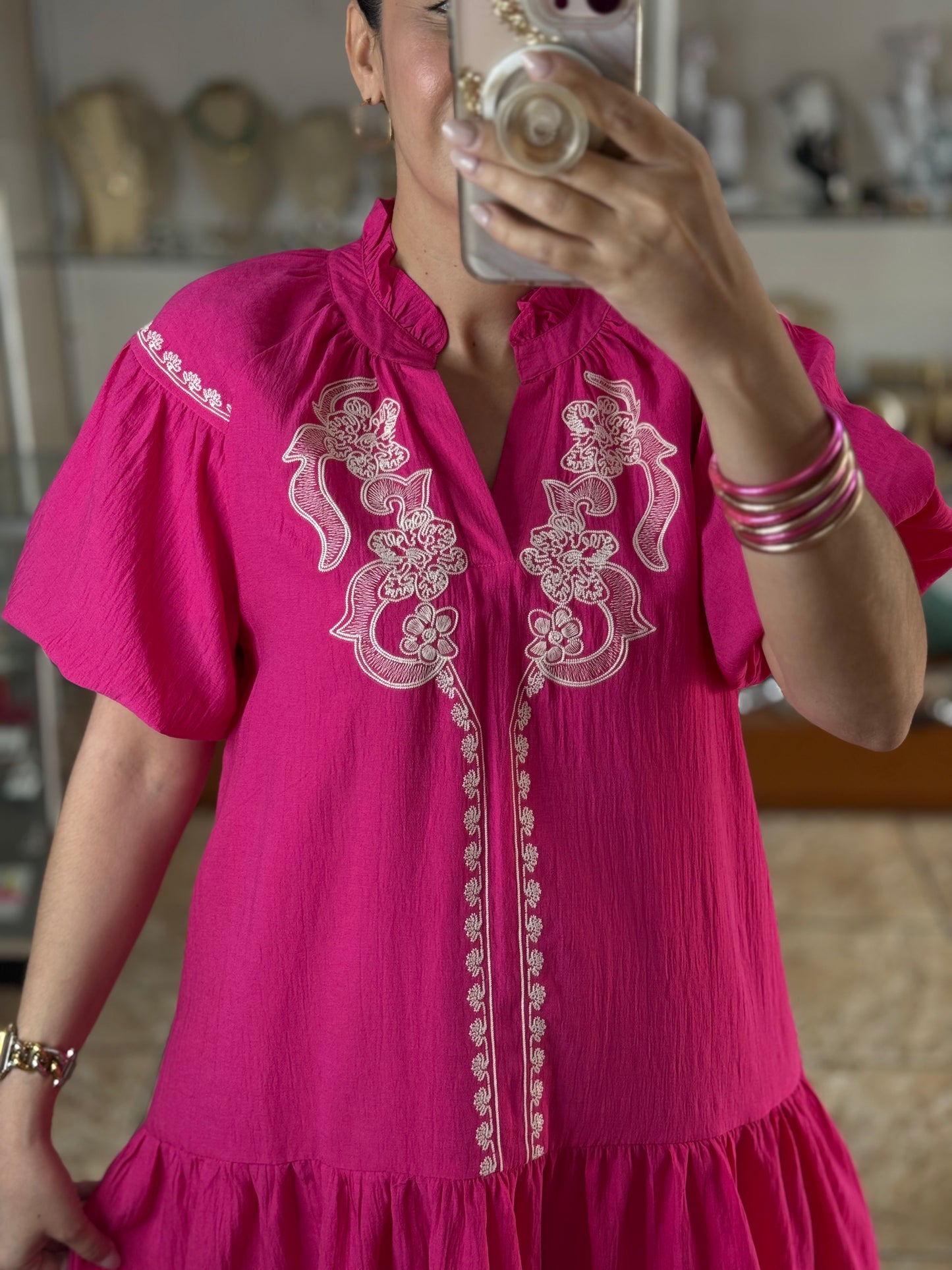 Fuchsia Embroidered Babydoll Dress