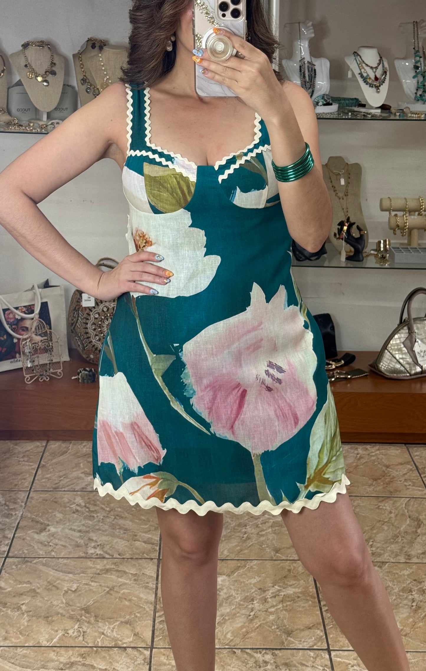 Teal Floral Open Back Mini Dress