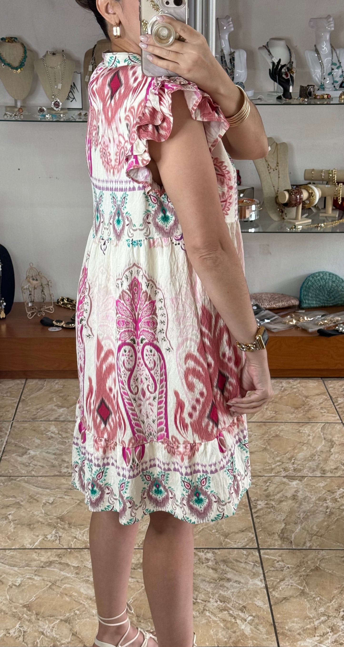 Pink Mix Ruffle Sleeves Boho Print Dress