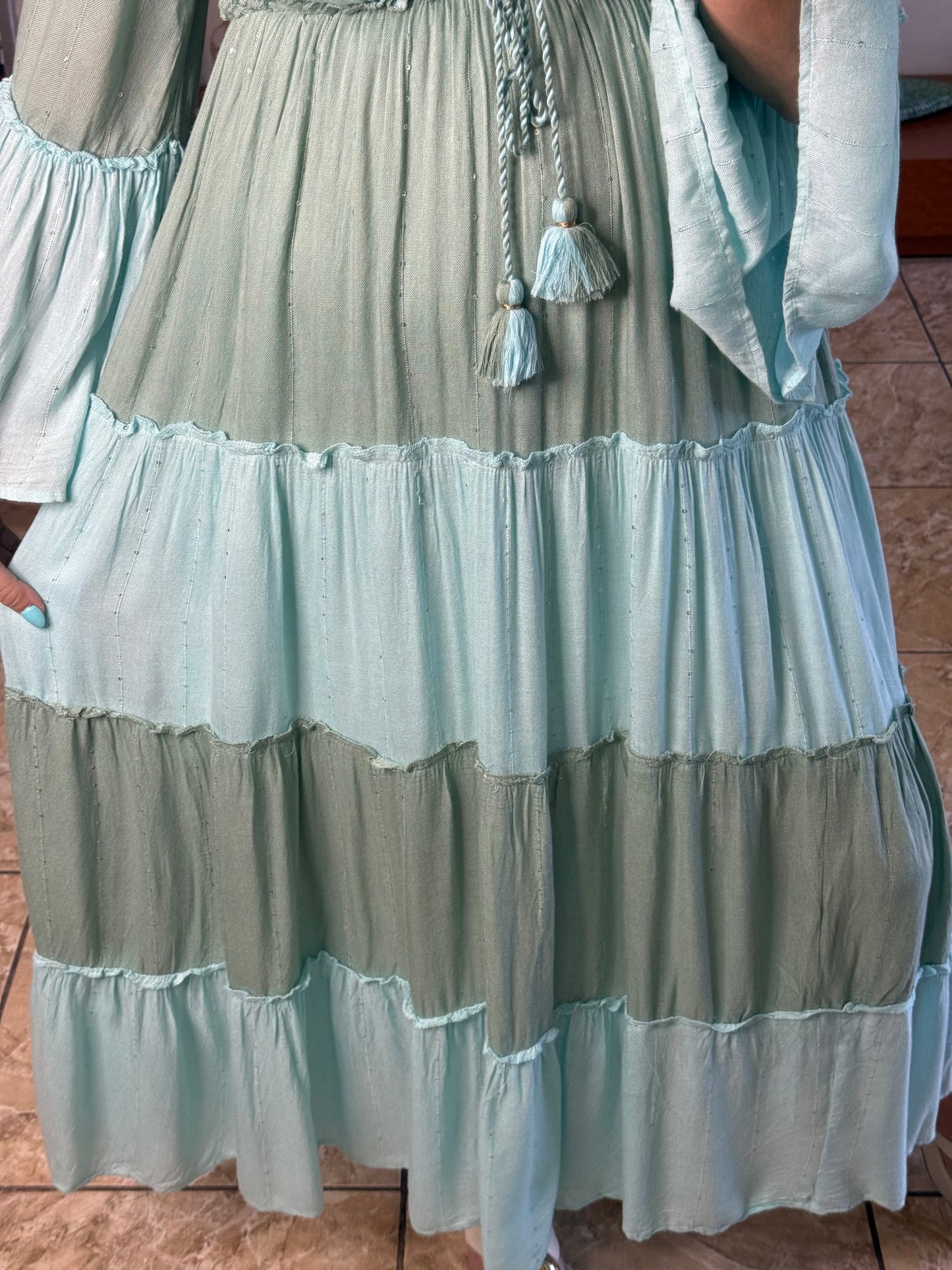 Boho Sage/Turquoise Embroidered OS Maxi Dress (NO RETURNS OR EXCHANGE)