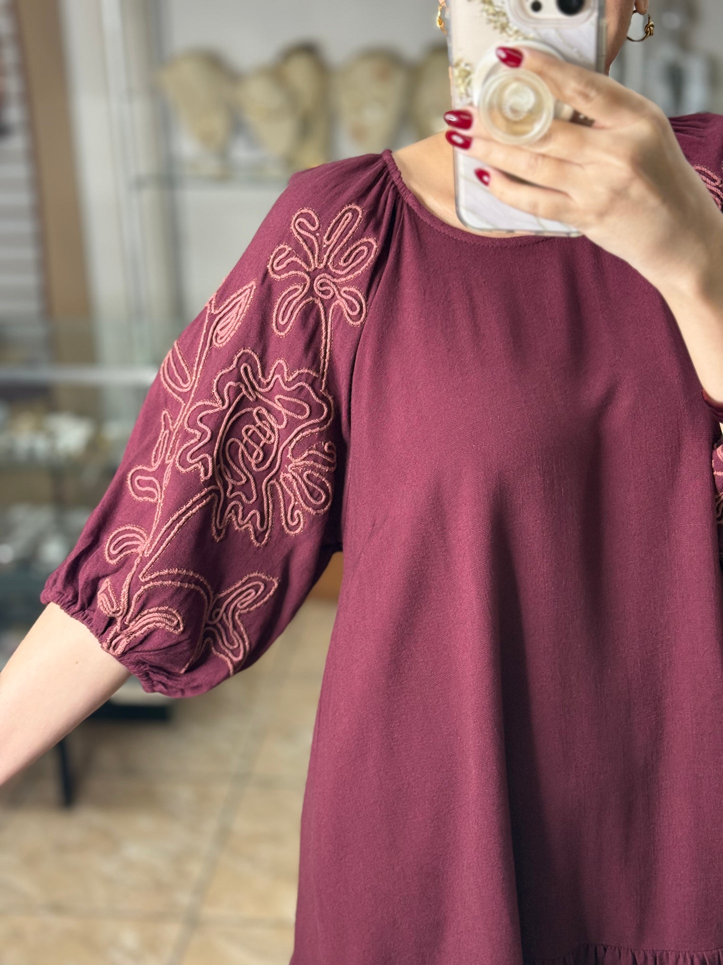 Merlot Embroidered Mini Dress
