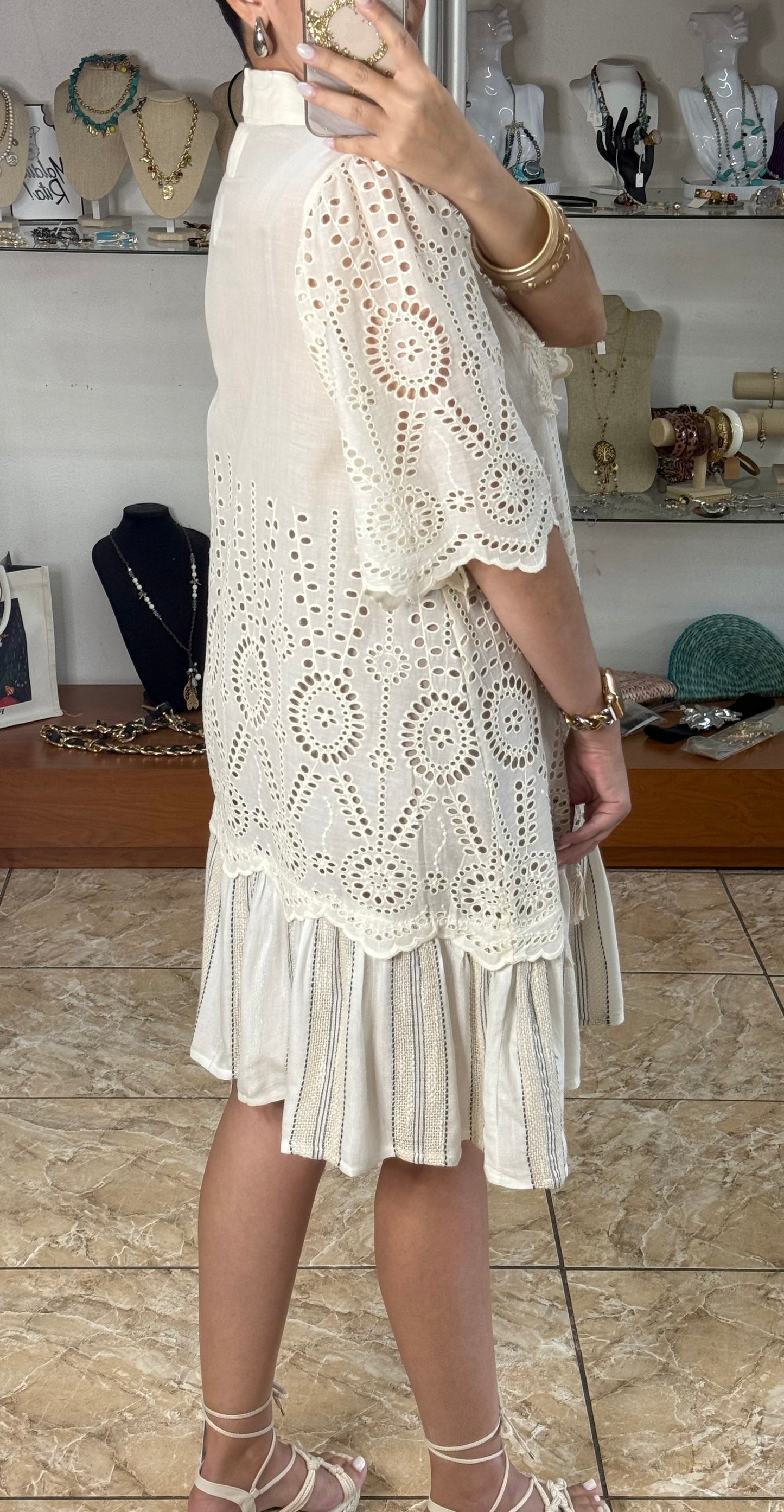 Natural Eyelet Button Down Dress