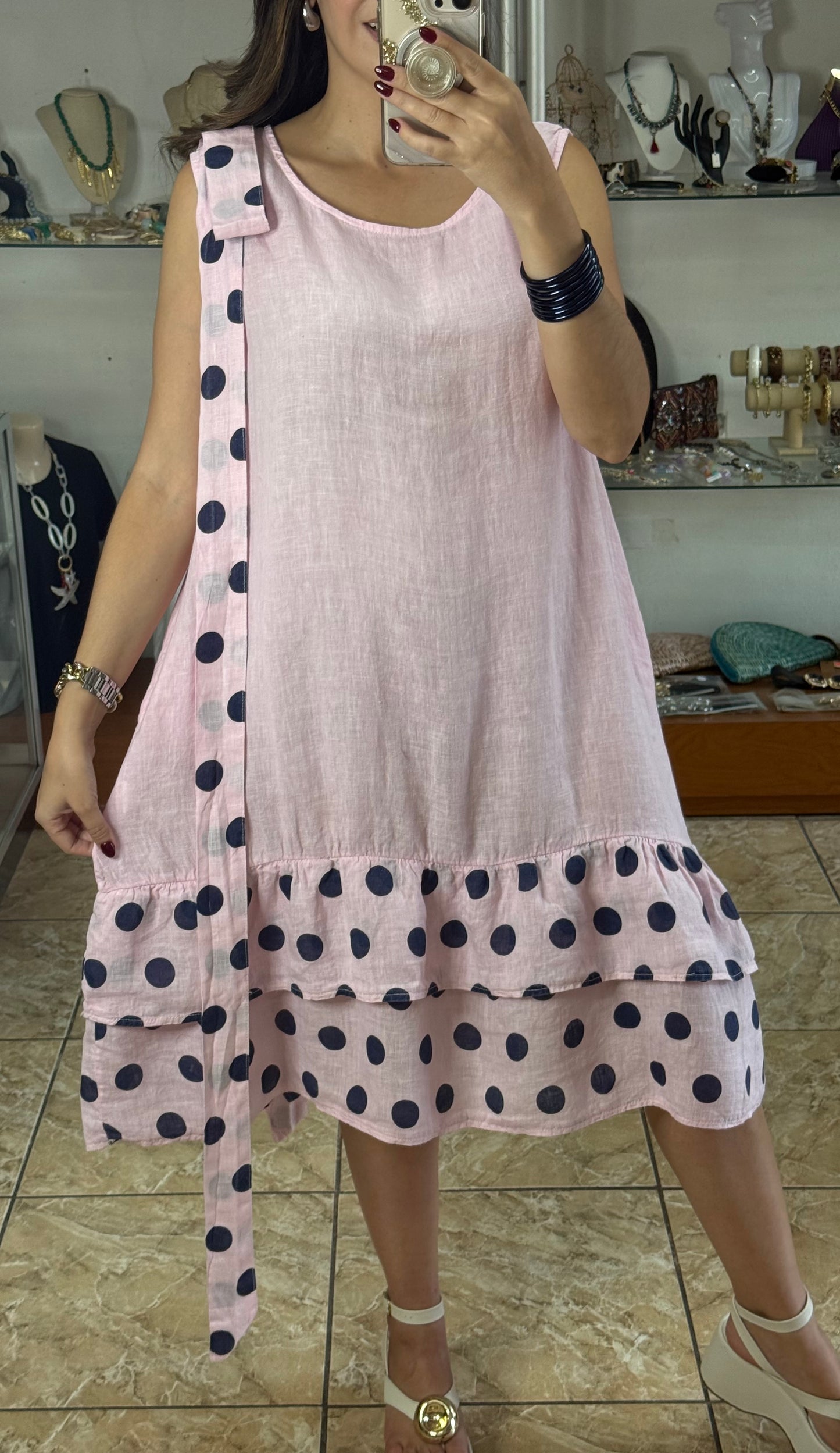 Navy Polkadots OS Linen Short Dress (NO RETURNS OR EXCHANGE)
