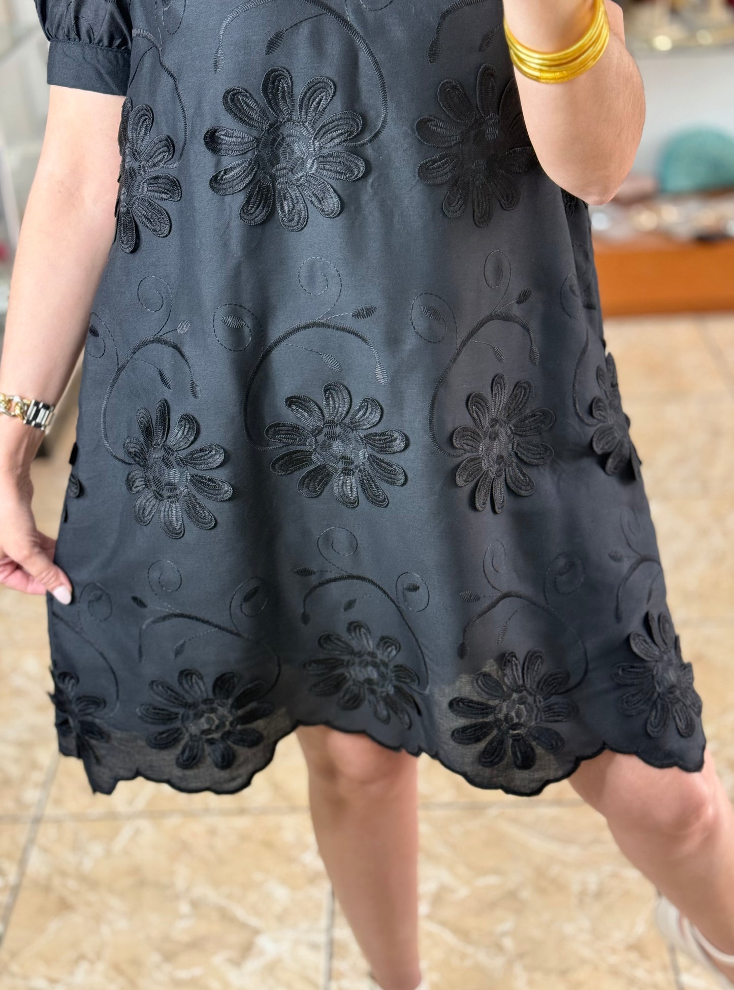 Black Floral Appliqué Embroidered Dress