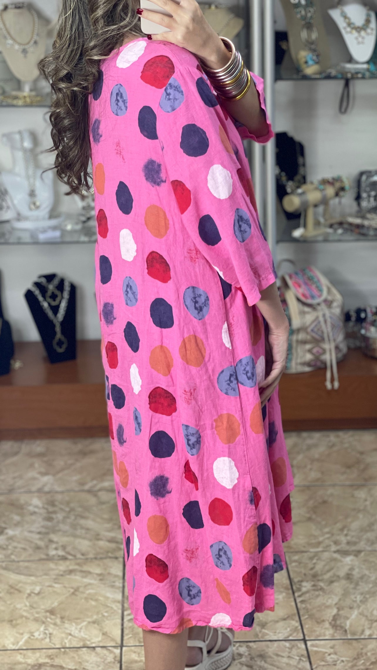 Pink Multi Polka OS Linen Dress