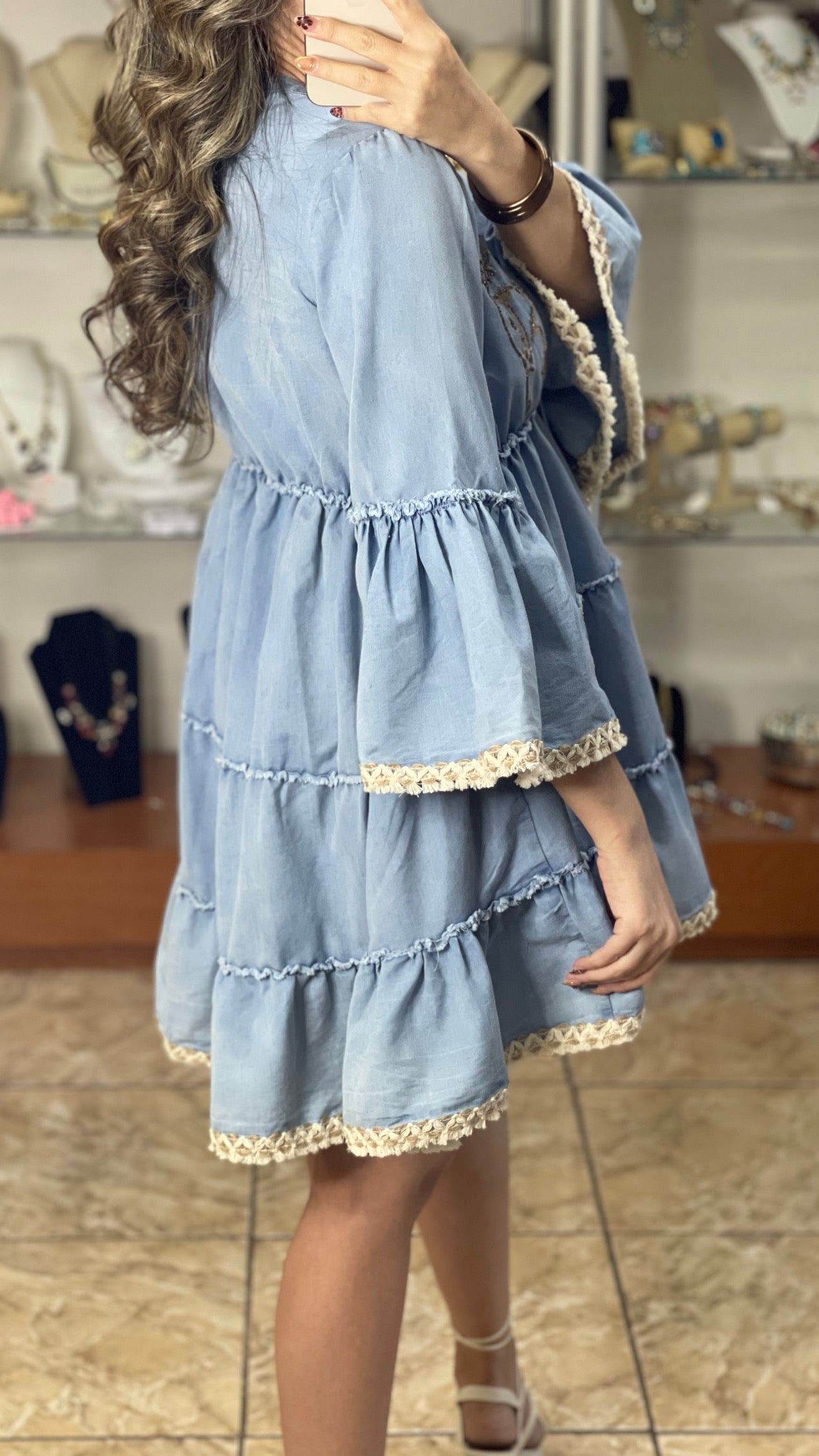 Low/High Embroidered Denim Mini Dress