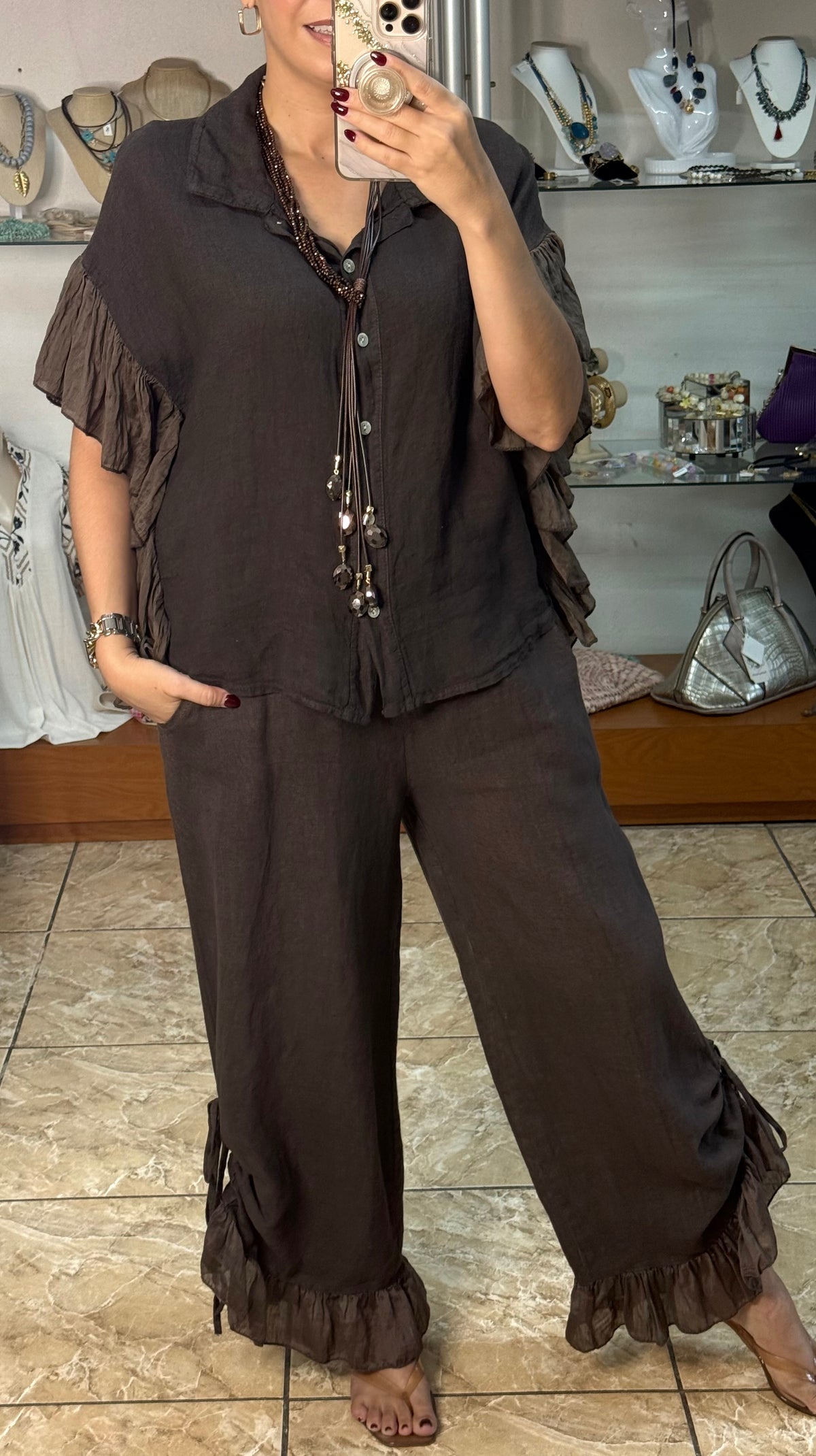 OS Linen Ruffle Top & Pant Set (NO RETURNS OR EXCHANGE)