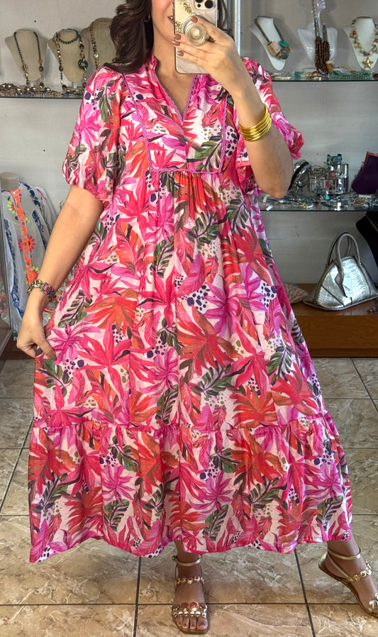 Hot Pink Tropical Midi Dress