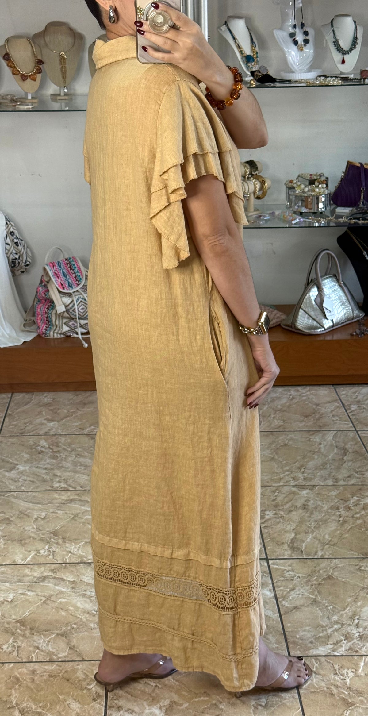 OS Ruffle Sleeves Button Down Linen Dress (NO RETURNS OR EXCHANGE)