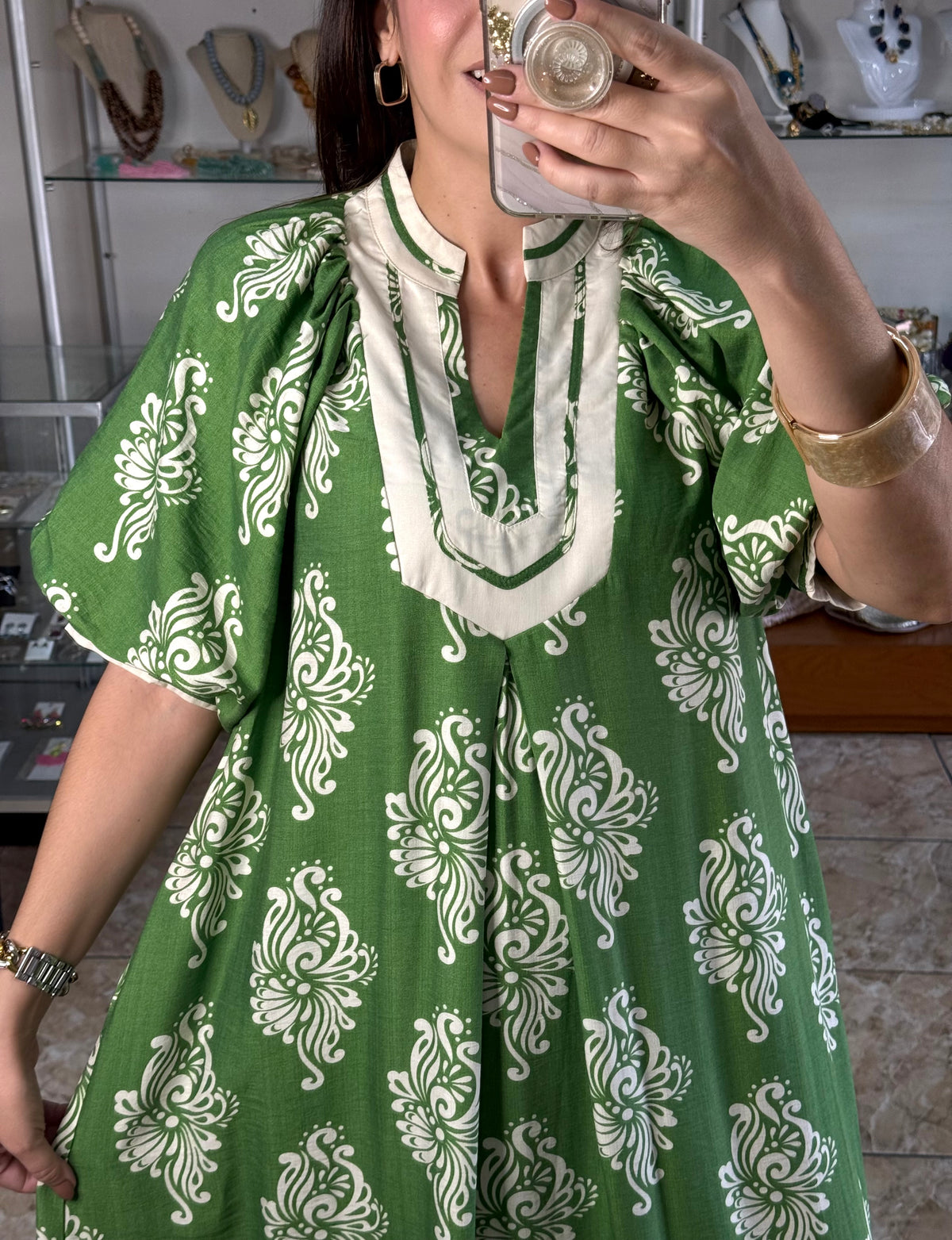 Green Abstract Print Midi Dress