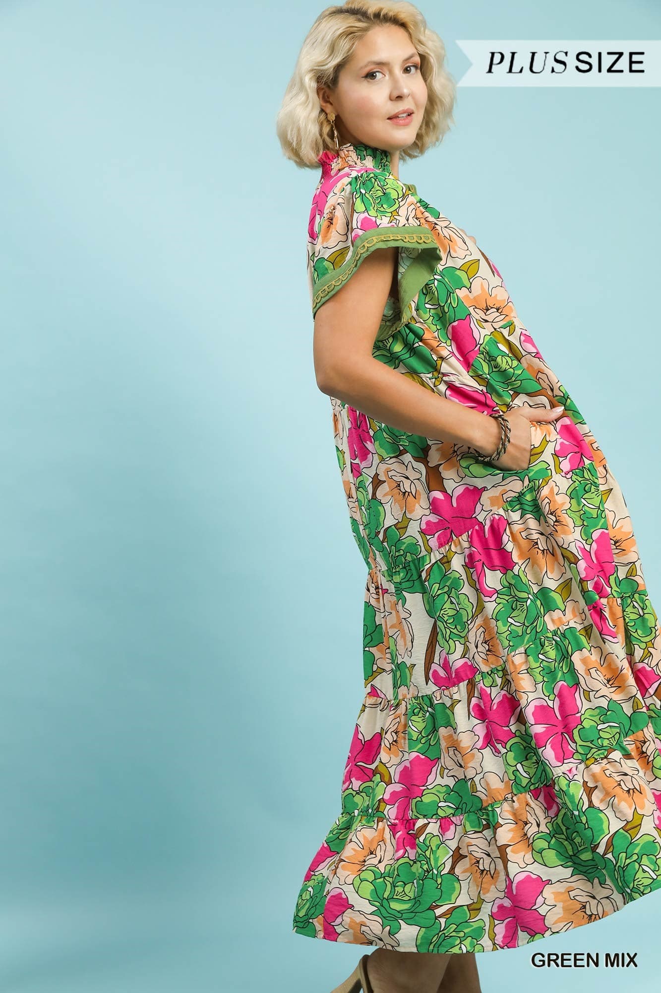 Green Mix Floral Tiered Midi Dress (PLUS)