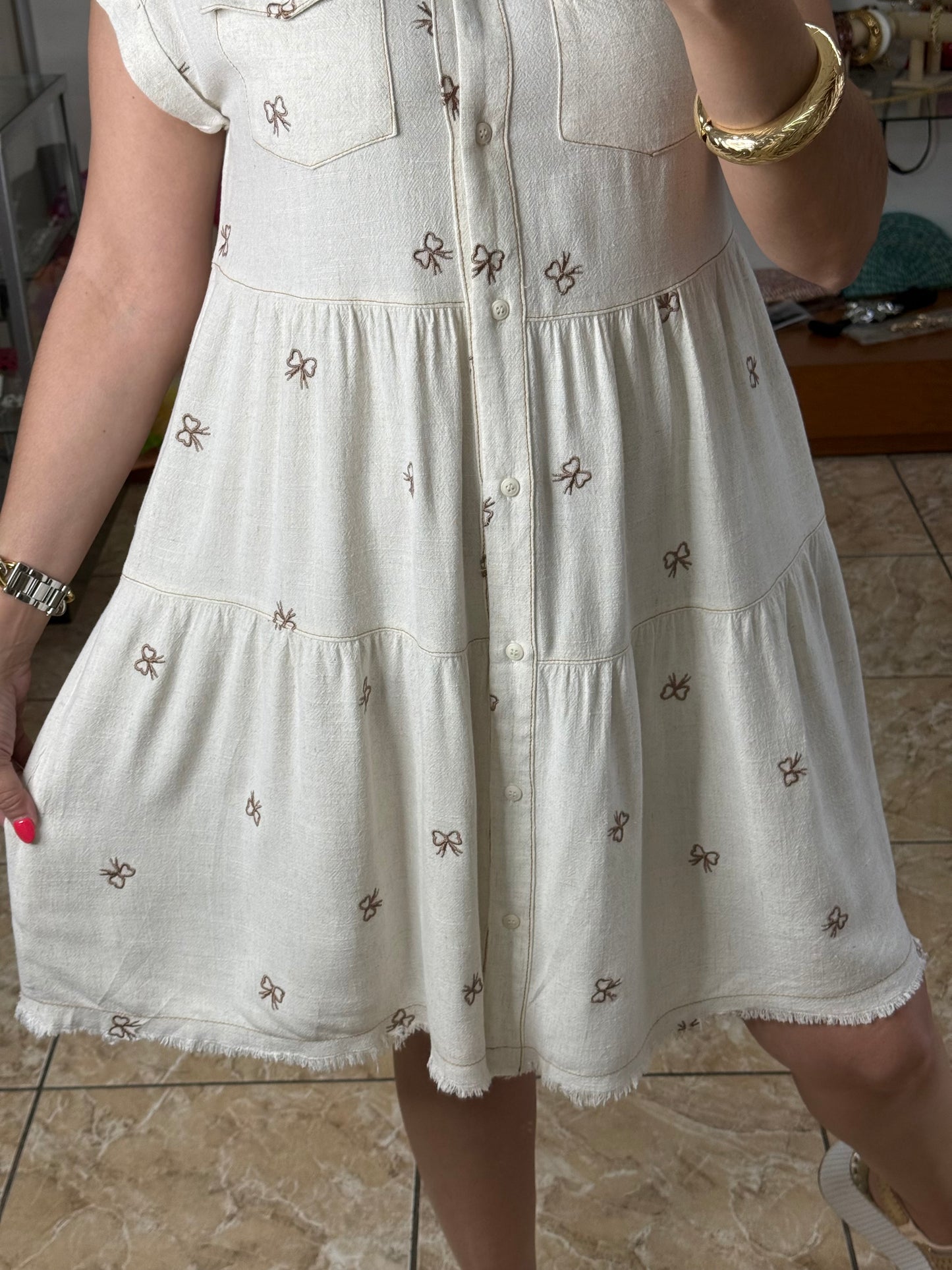 Embroidered Ribbons Linen Blend Dress