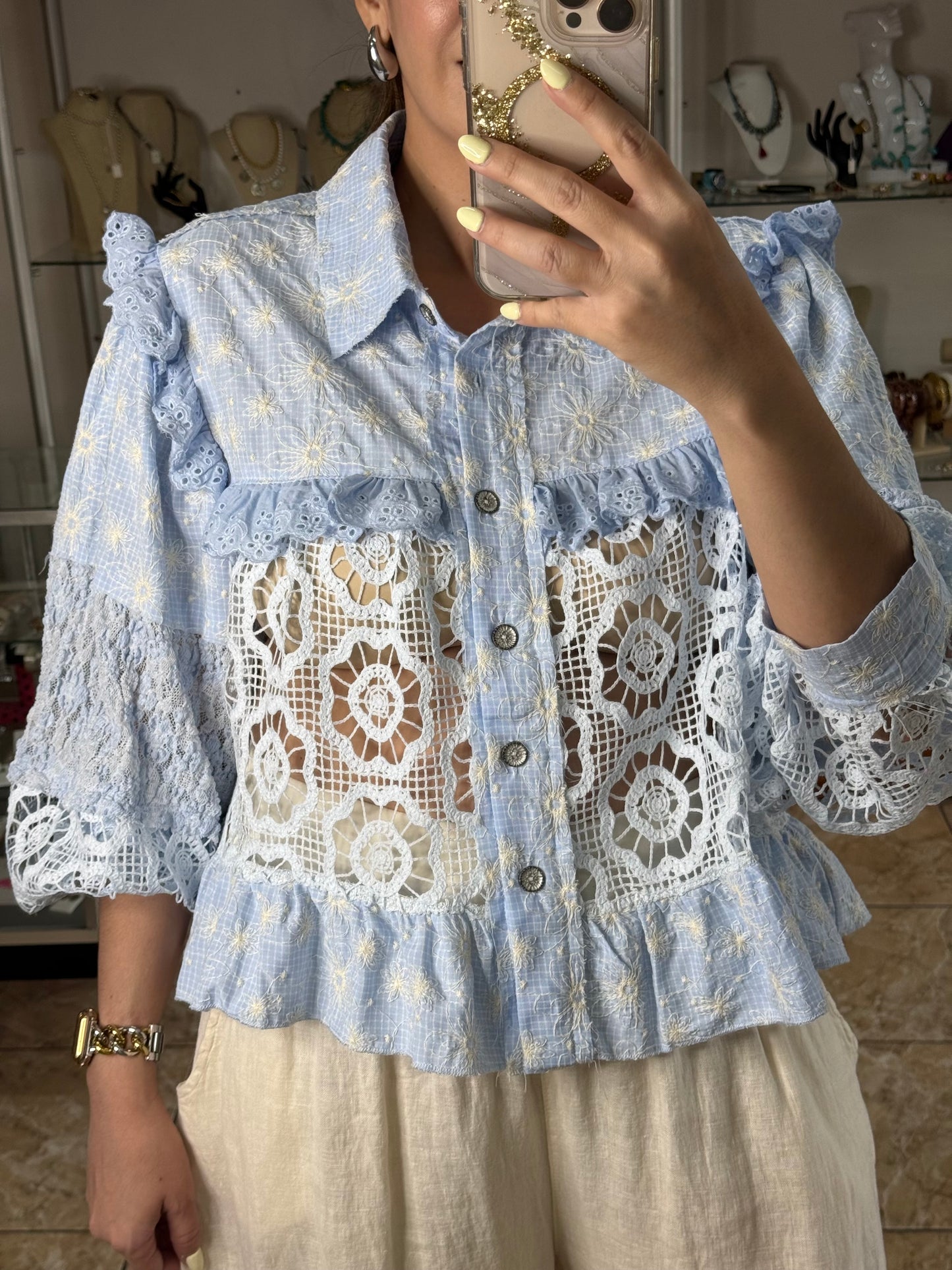 Baby Blue Embroidered Button Down Top