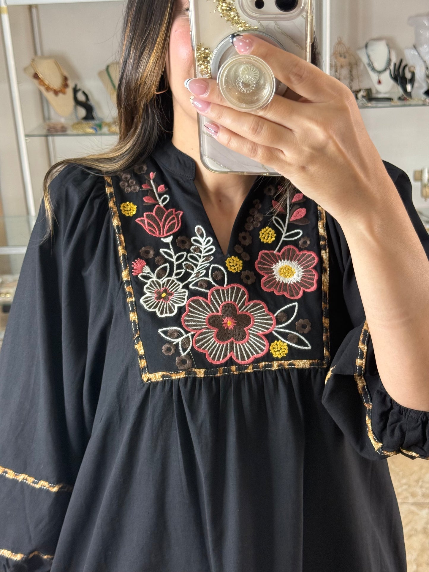 Black/Floral/Leopard Embroidered Dress