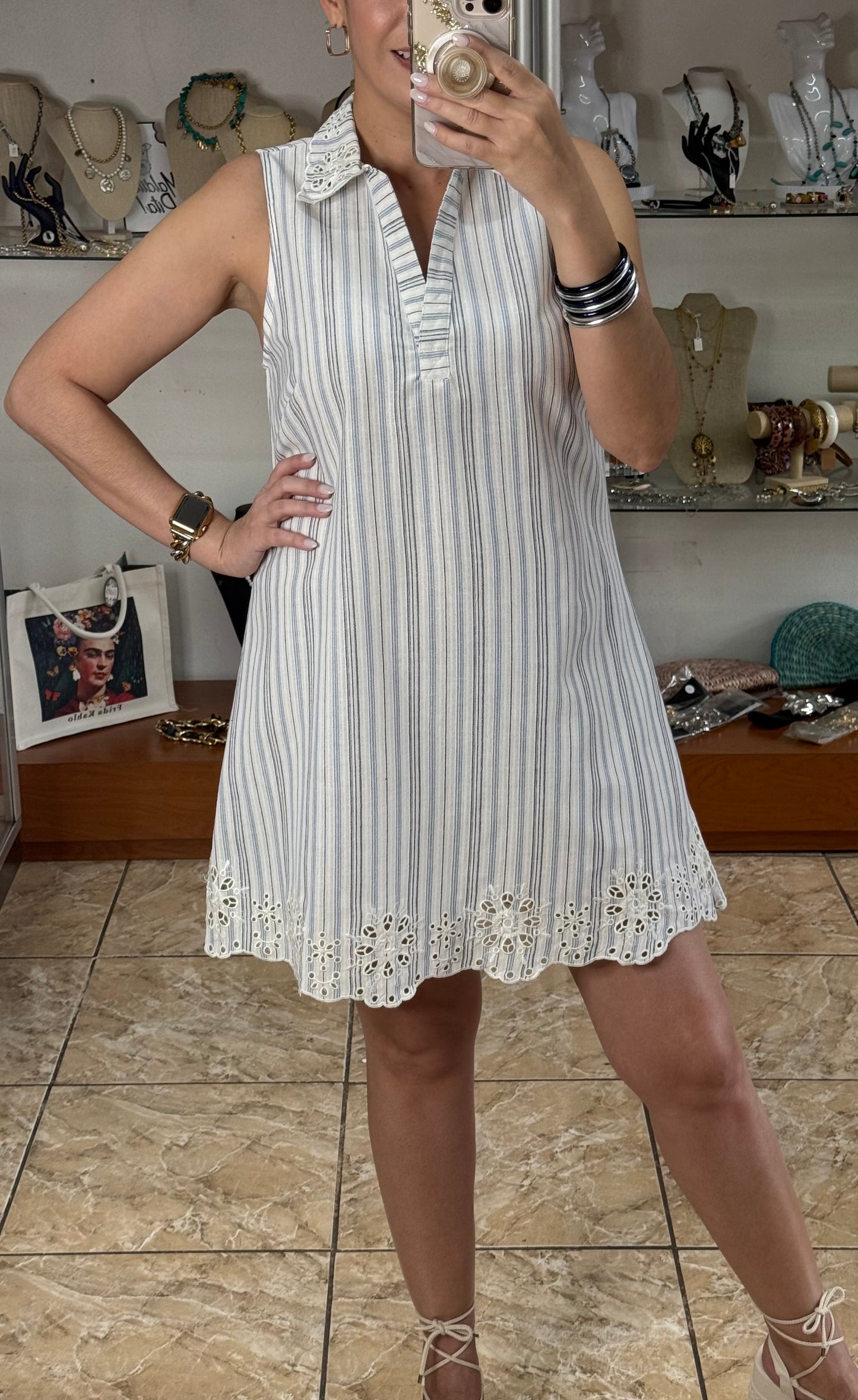 Blue Stripes Embroidered Details Dress