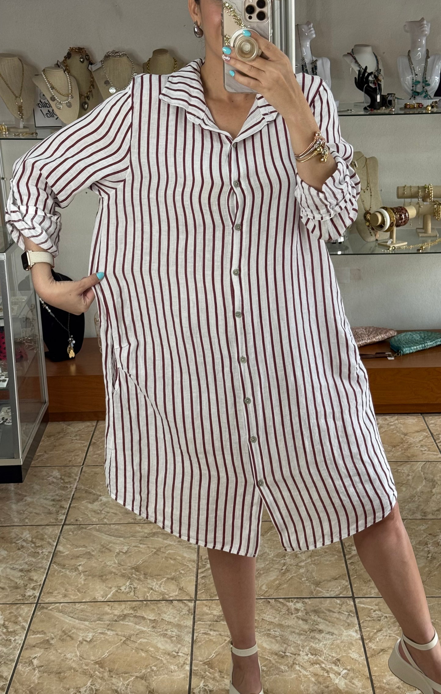 White/Wine OS Stripes Linen Dress (FINAL SALE)
