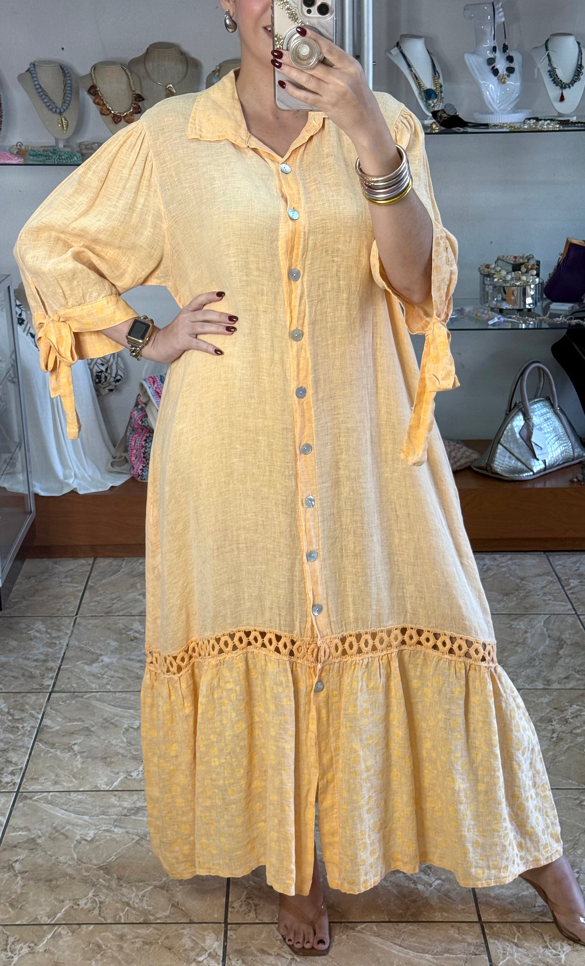 OS Linen/Polka Button Down Maxi Dress (NO RETURNS OR EXCHANGE)