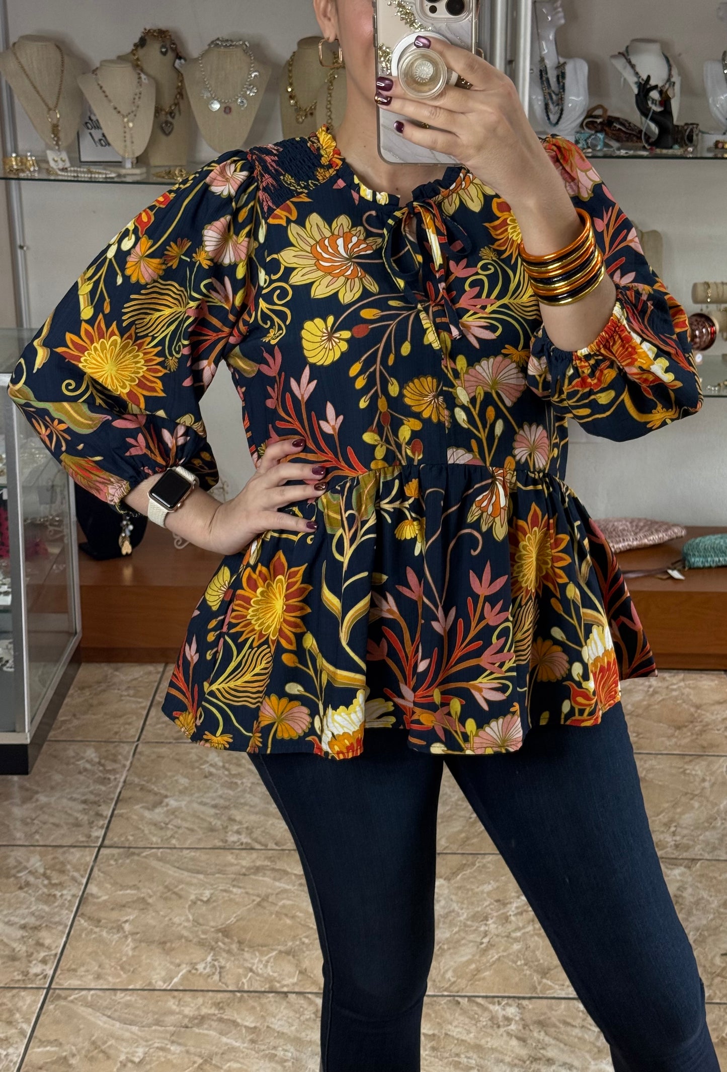 Navy/Orange Mix Floral Top