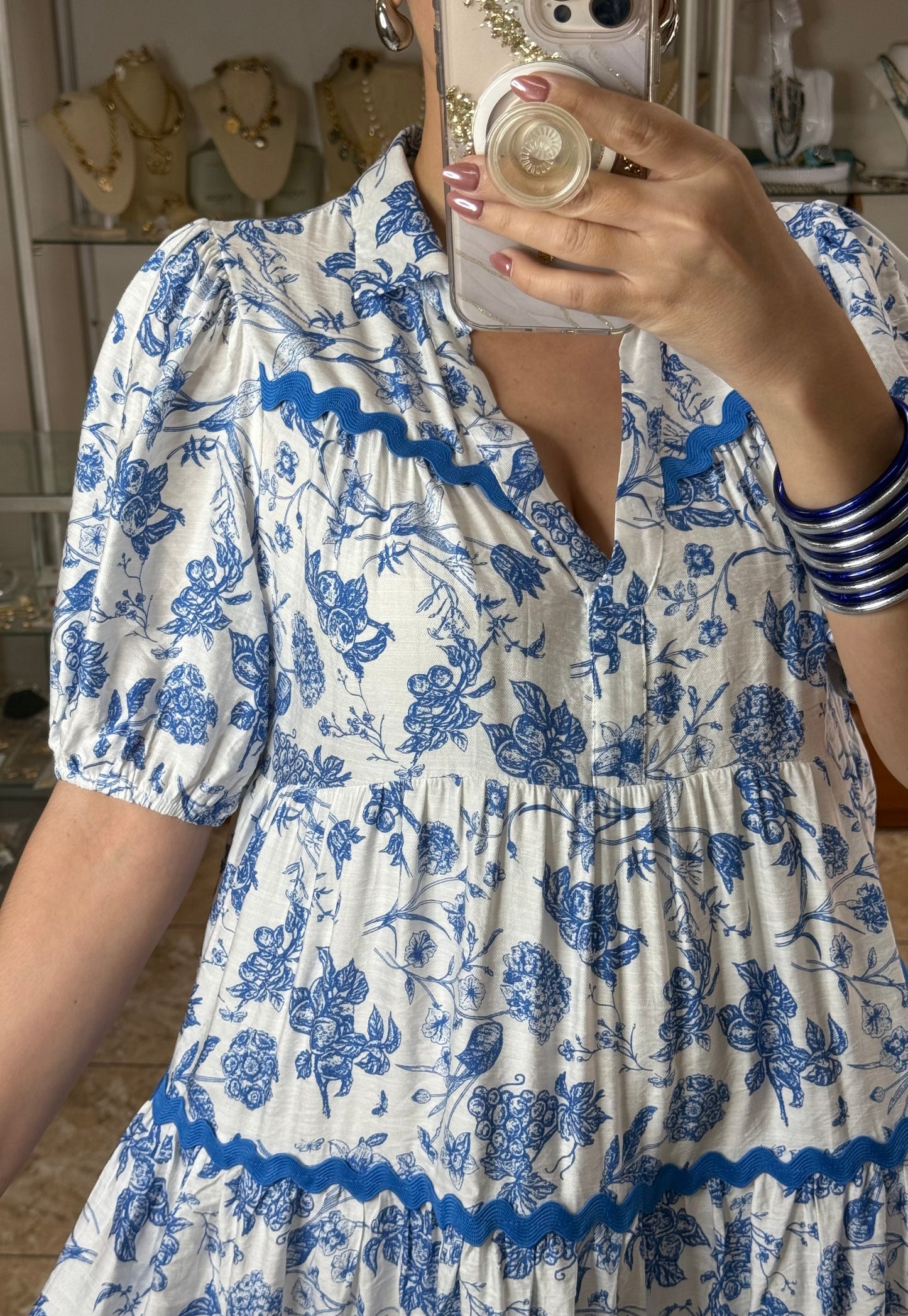 White and Blue Floral Doll Dress