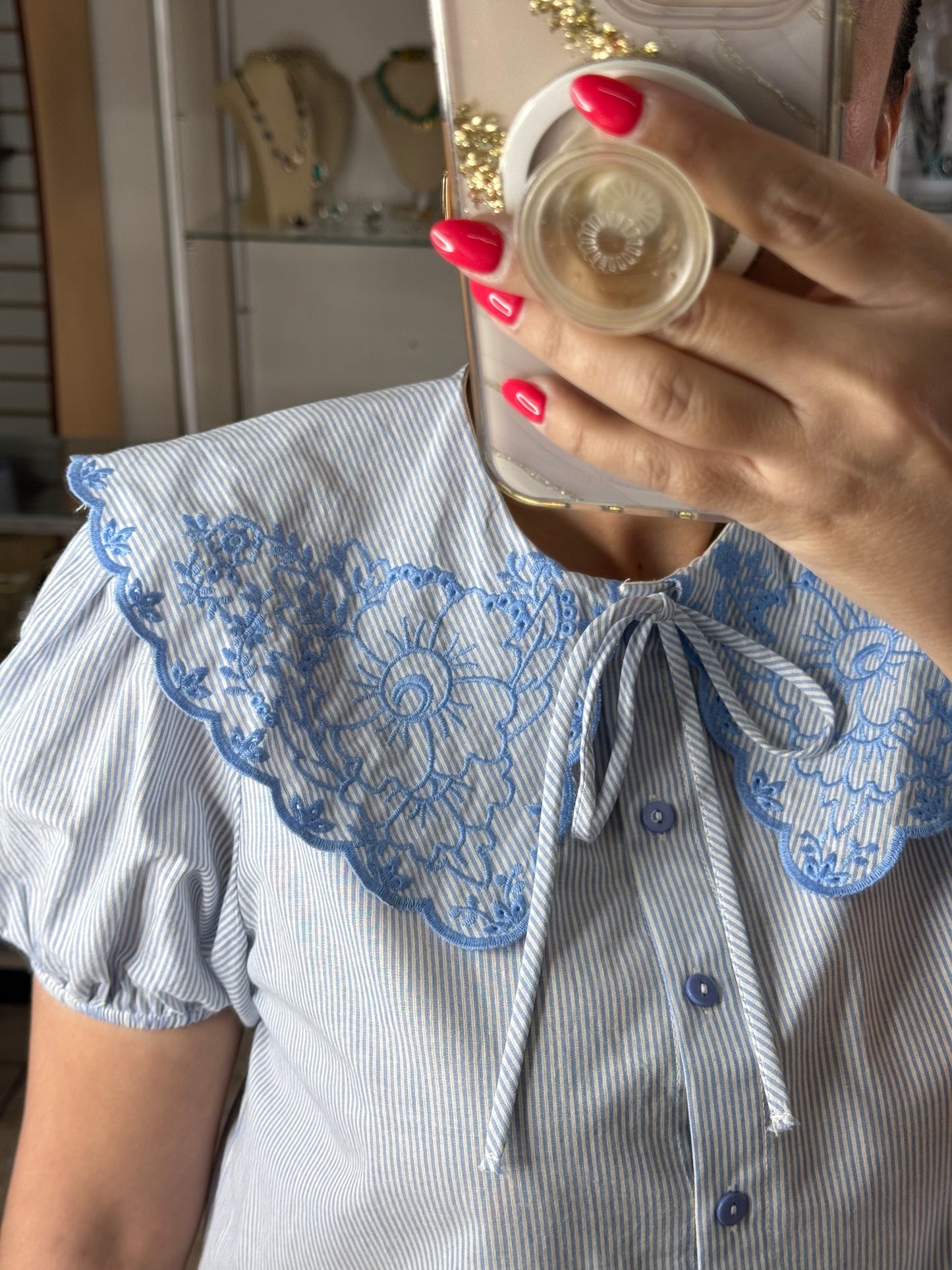 Peter Pan Neck Embroidered Stripes Top