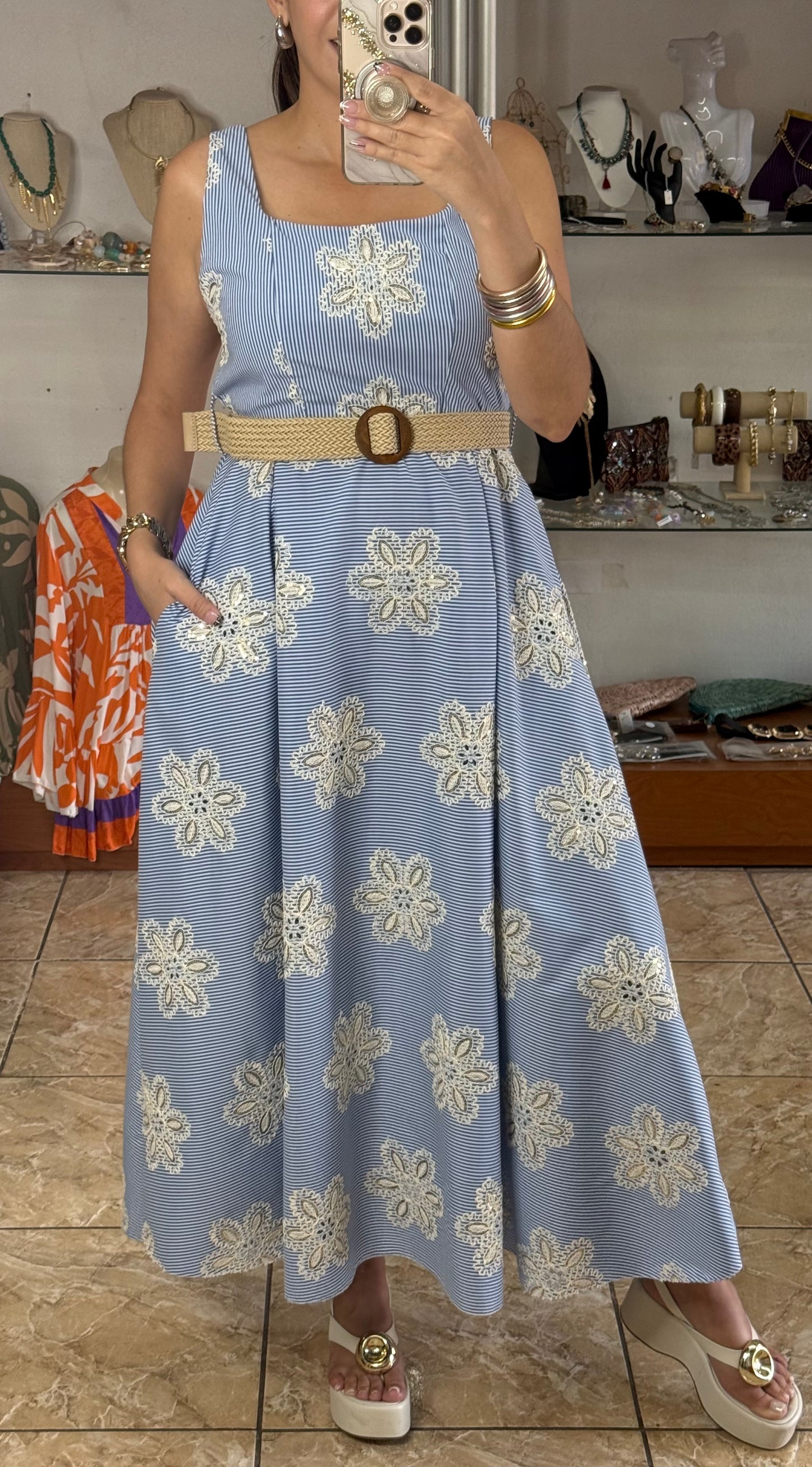 Stripes & Flowers OS Belted Maxi Dress (NO RETURNS OR EXCHANGE)
