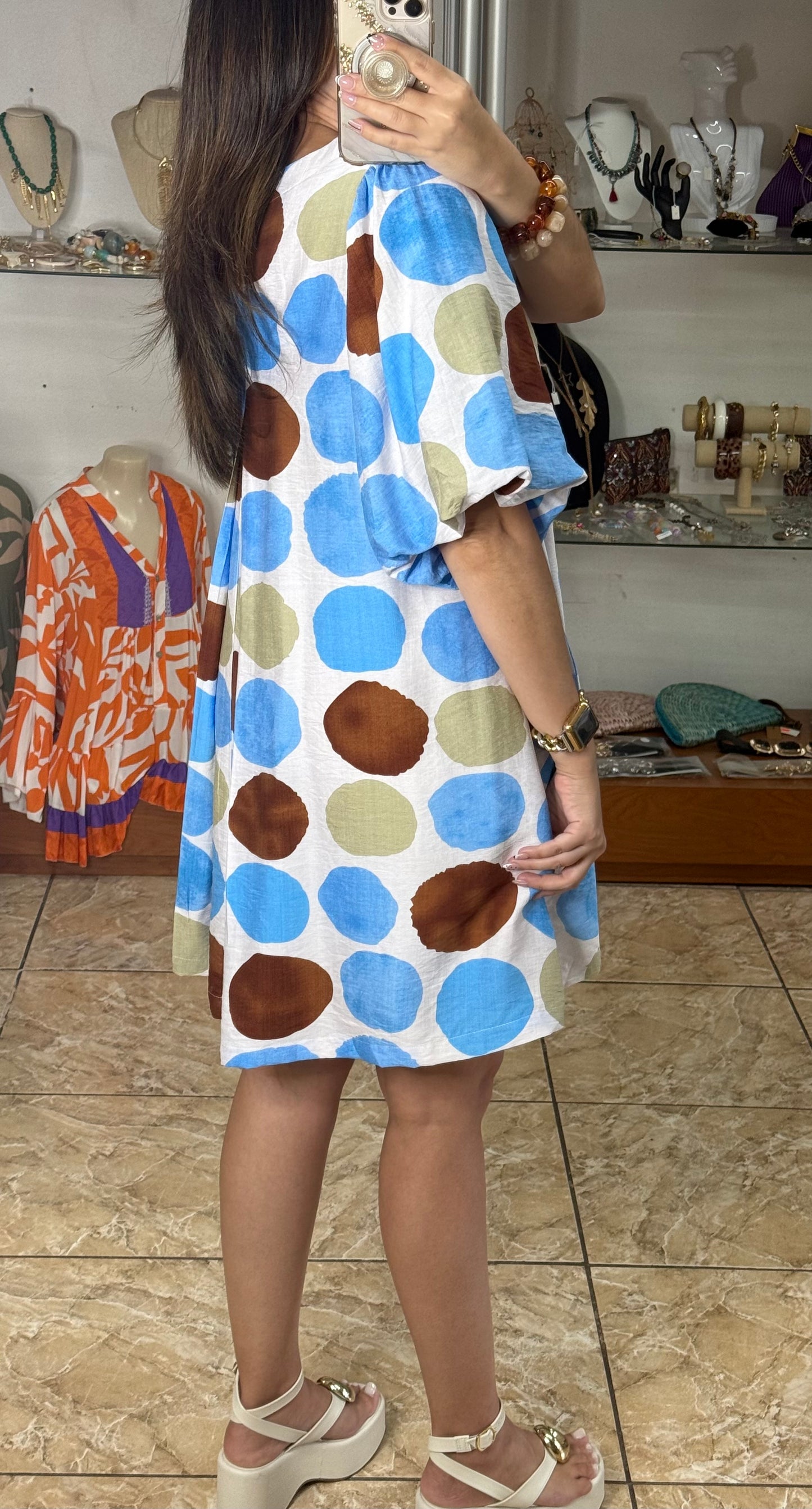 Blue Mix Polkadots Mini Dress