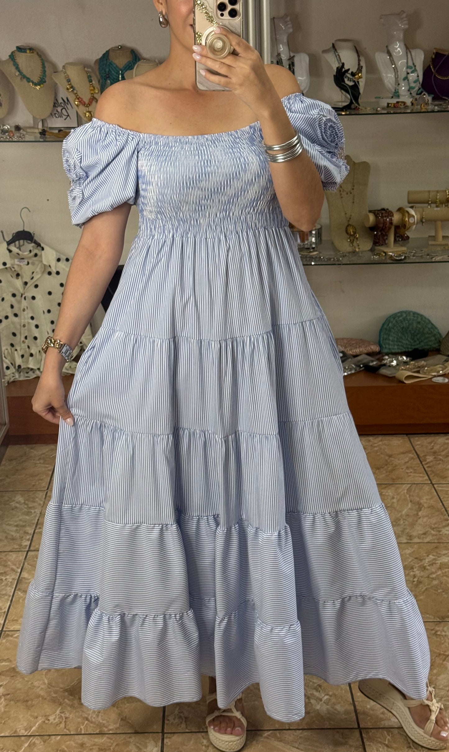 Blue Stripes Puff Sleeves OS Maxi Dress (NO RETURNS OR EXCHANGE)