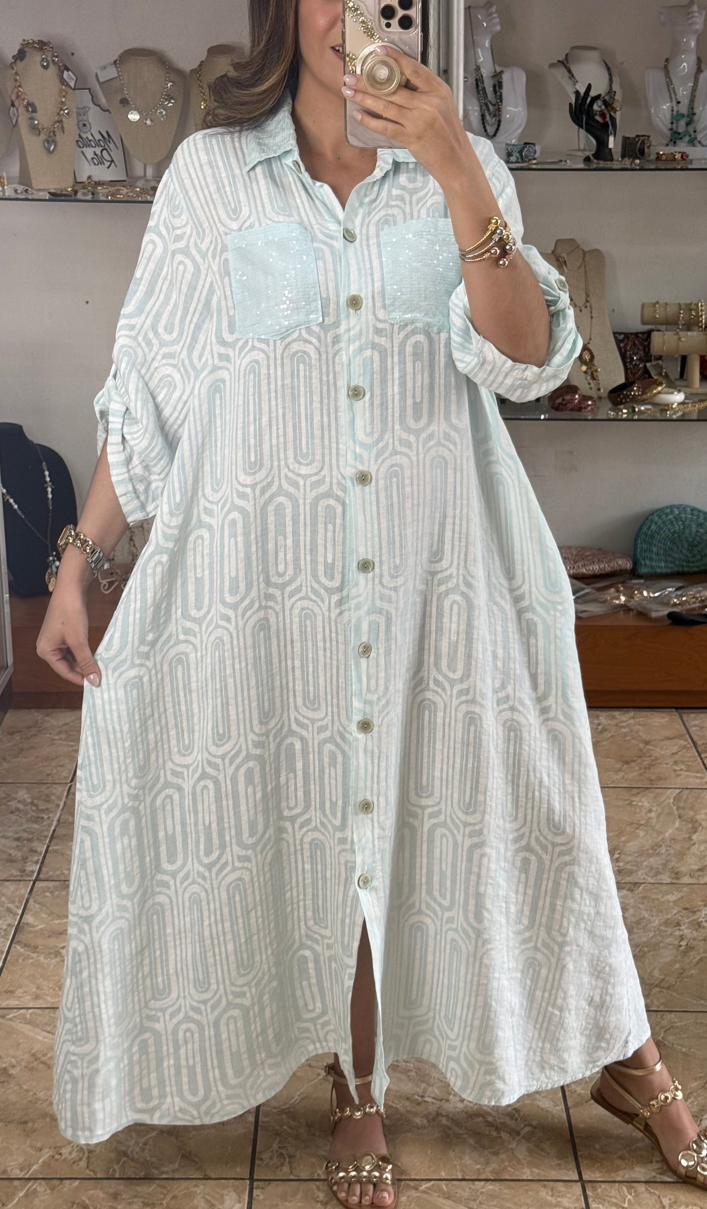 OS Geometric Linen Maxi Dress (NO RETURNS OR EXCHANGE)