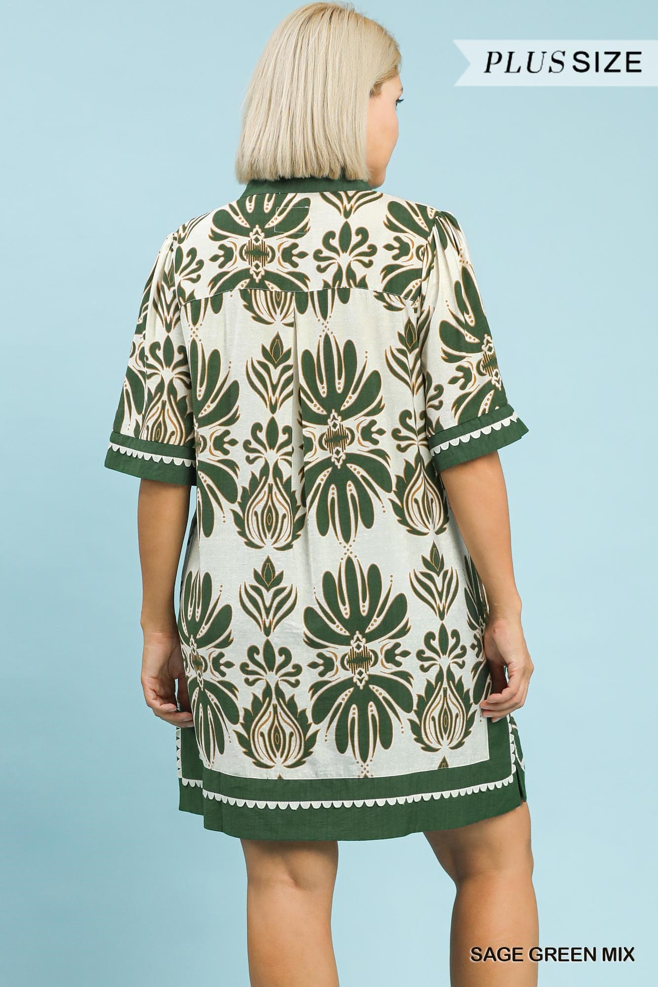 Sage Green Border Print Dress (PLUS)