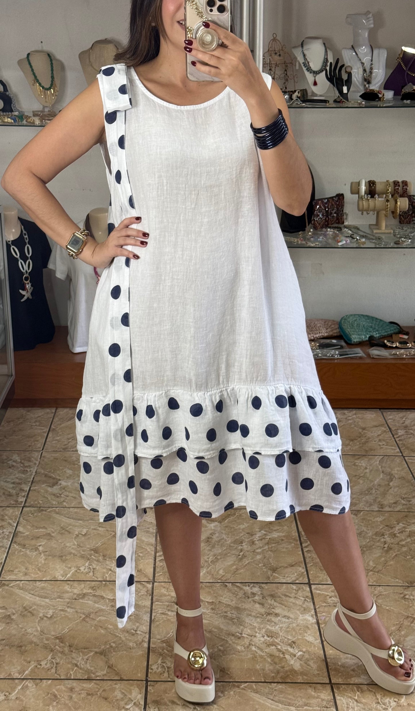 Navy Polkadots OS Linen Short Dress (NO RETURNS OR EXCHANGE)