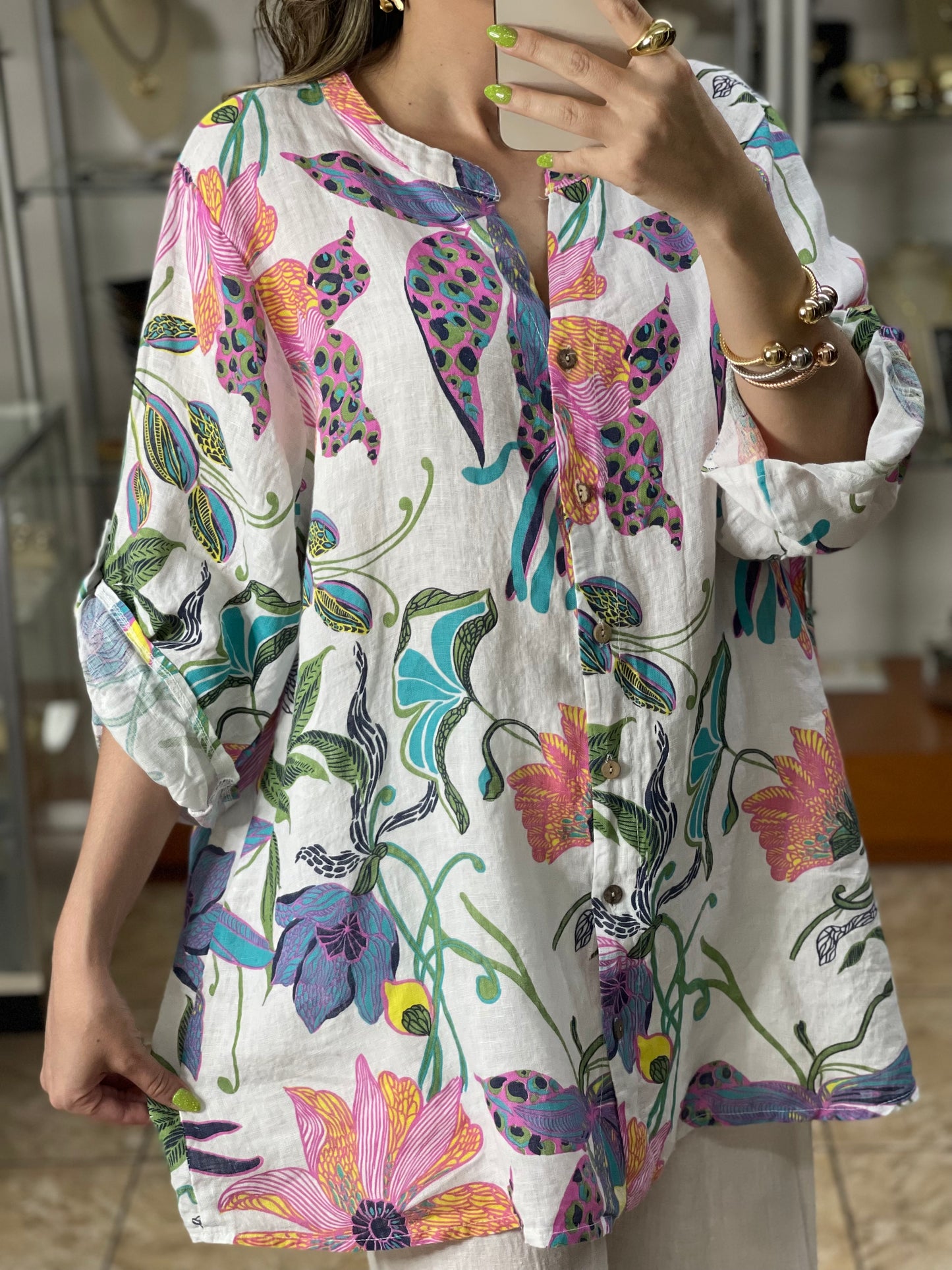 Floral Linen Tunic Top/Mini Dress