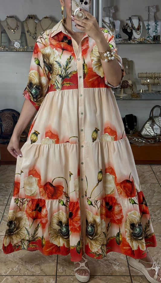 Peach/Orange Floral OS Maxi Dress (FINAL SALE)