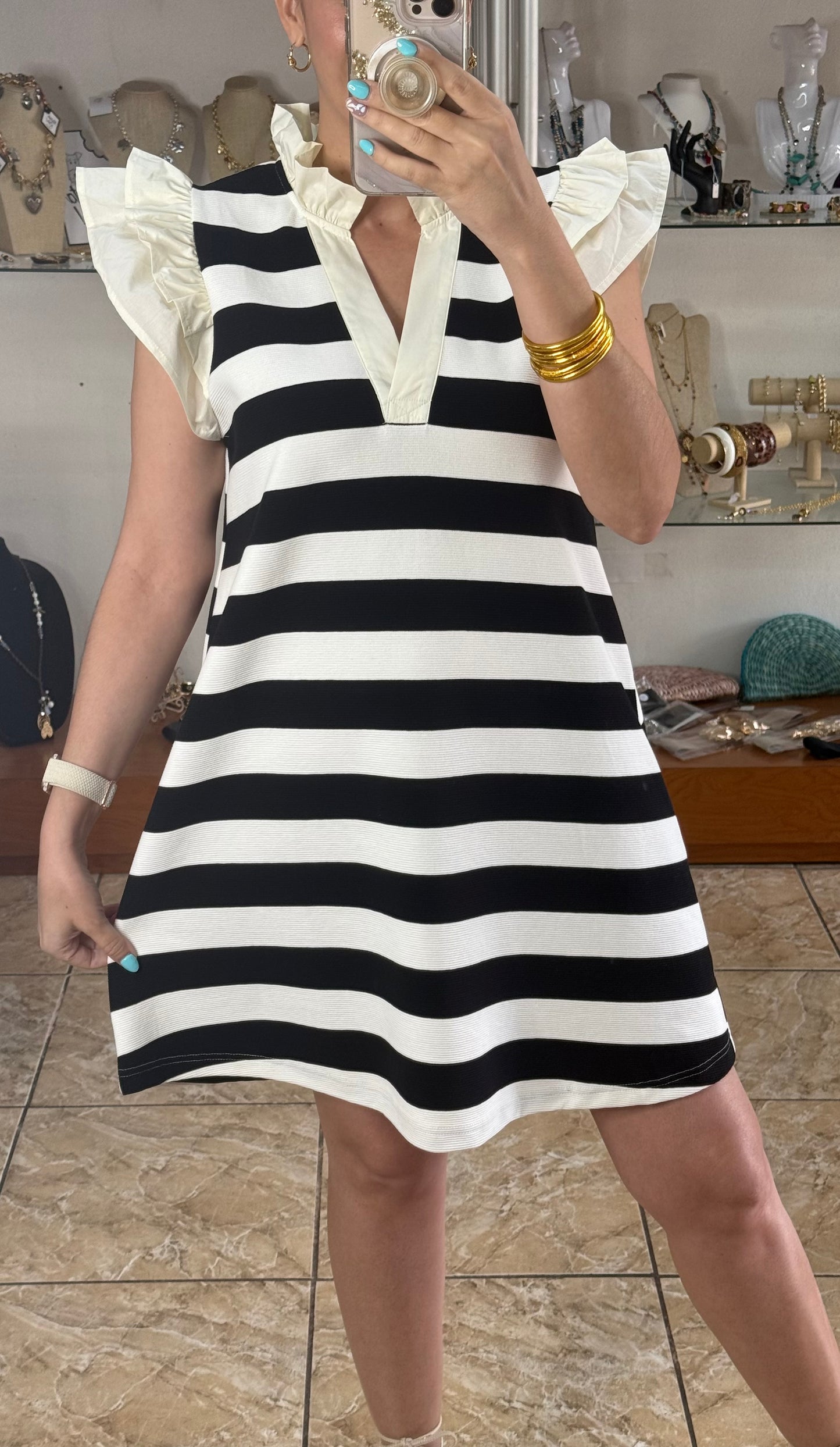 Ruffle Sleeve Black Stripes Dress