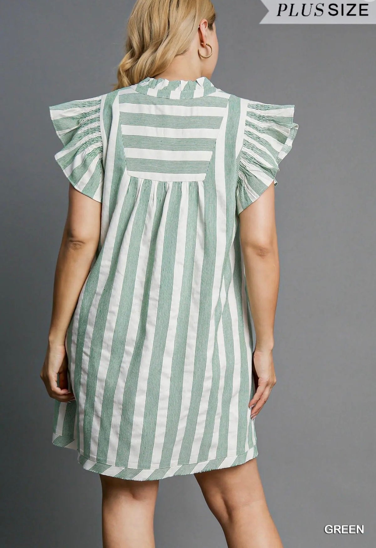 Green Mix Stripe V-Neck Dress (PLUS)